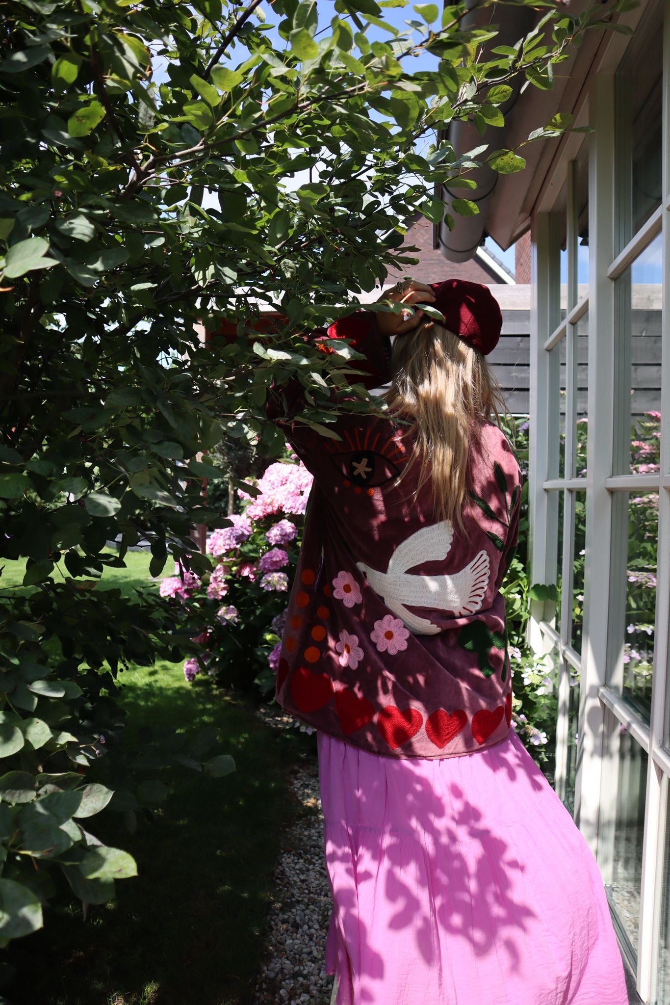 Velvet embroidery jacket birds Purple