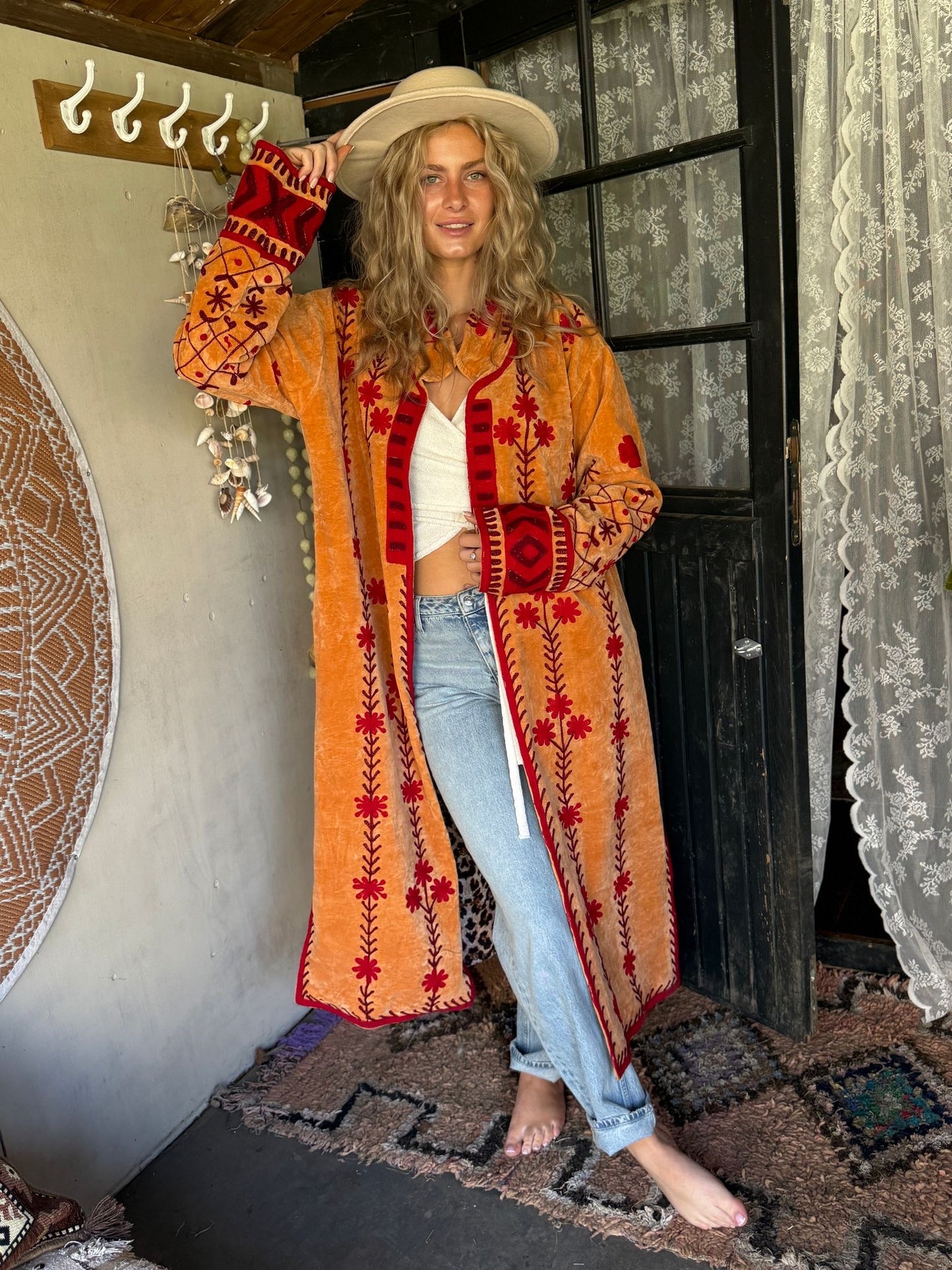 Long velvet embroidery jas orange red panter