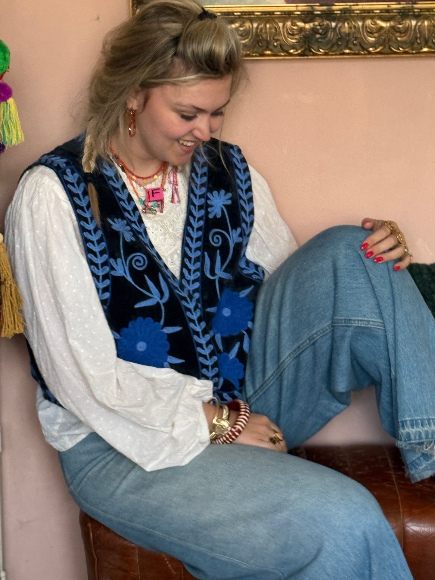 Suzani velvet Gilet blue panter