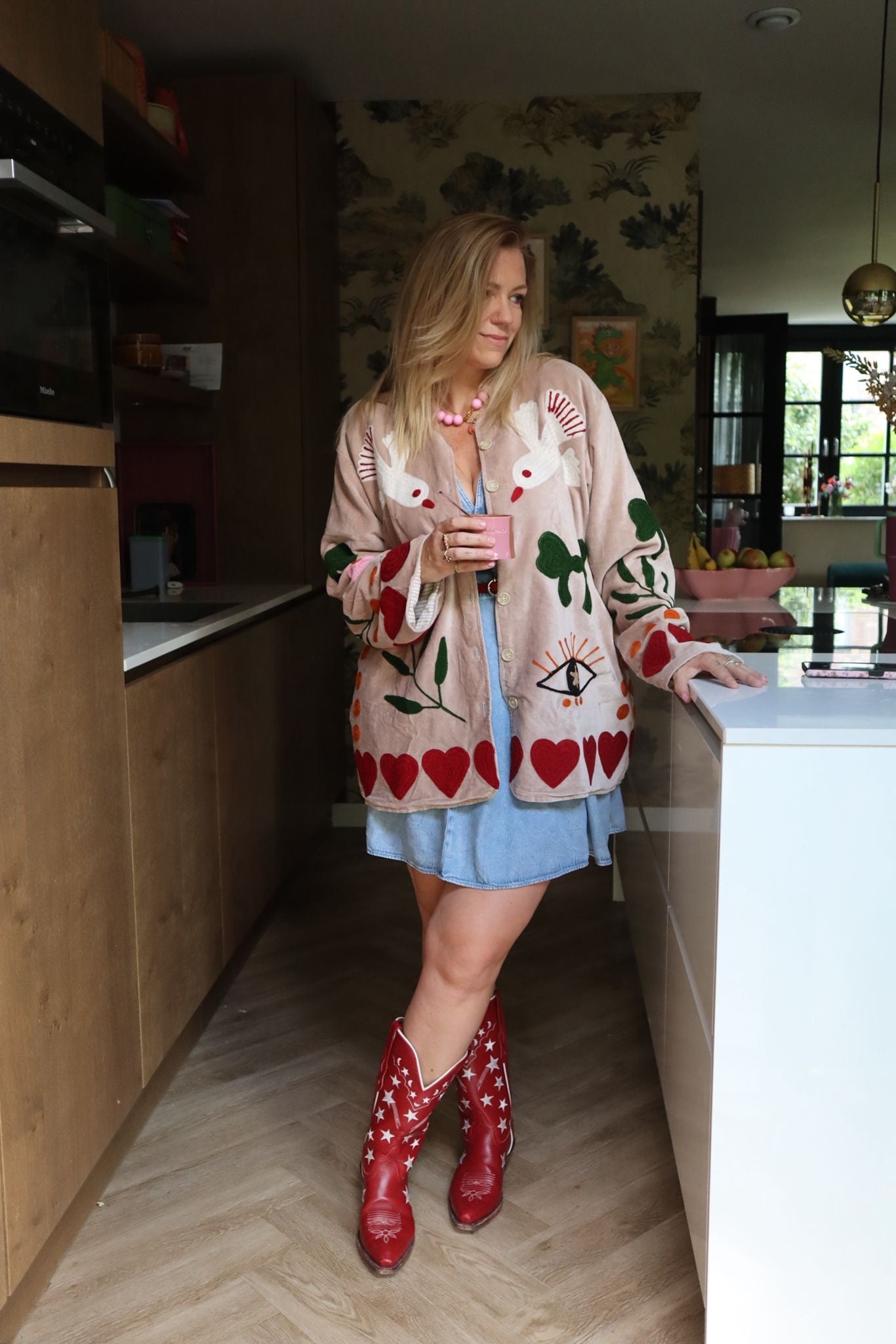 Velvet embroidery jacket birds beige