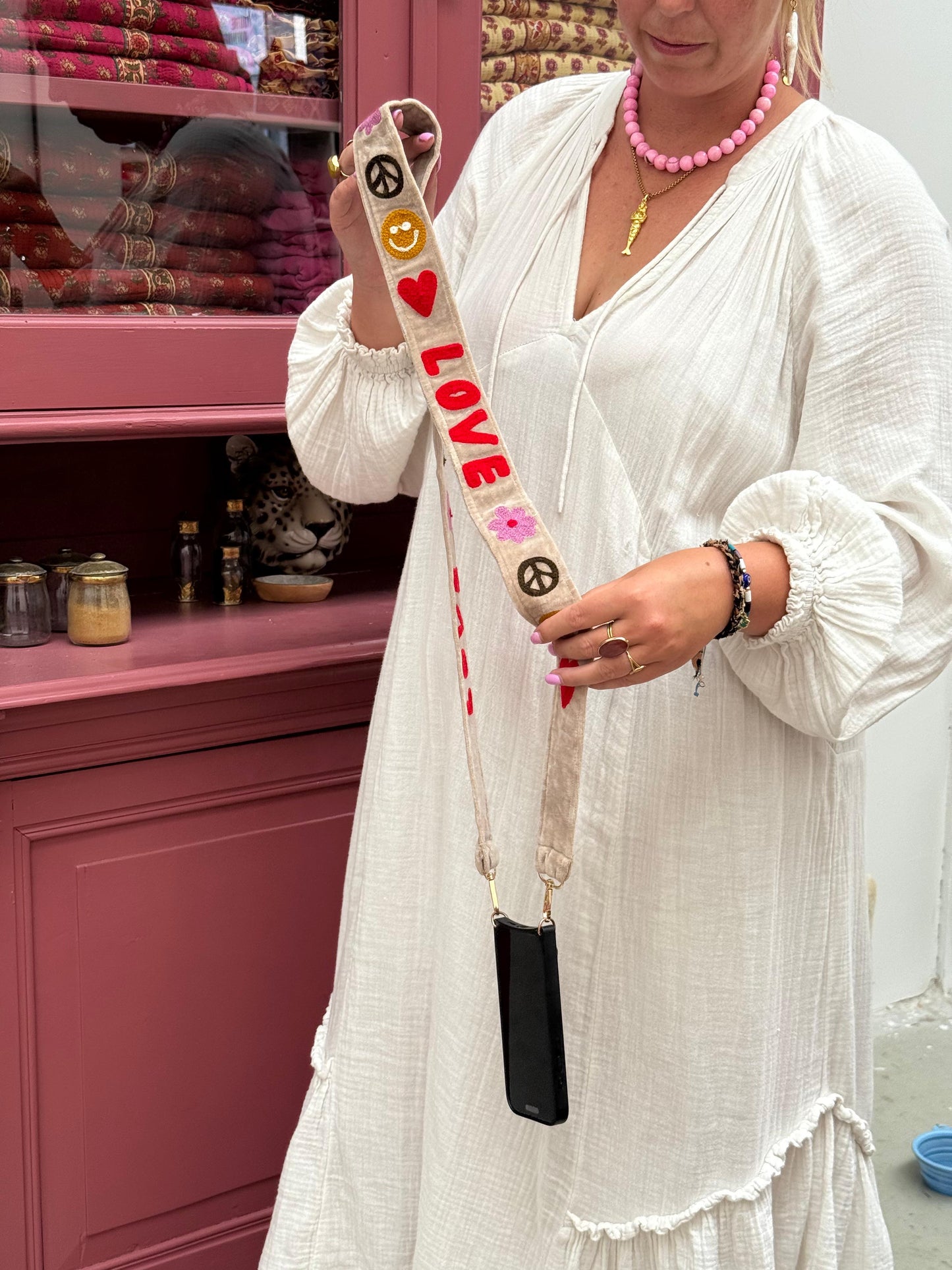 Velvet telefoon/tassenkoord beige