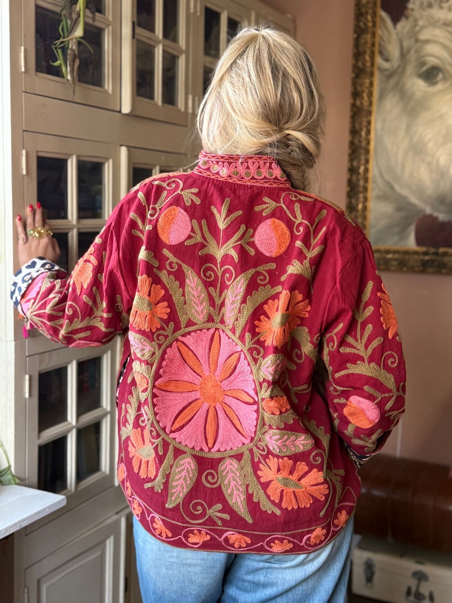 Cotton embroidery jacket red panter
