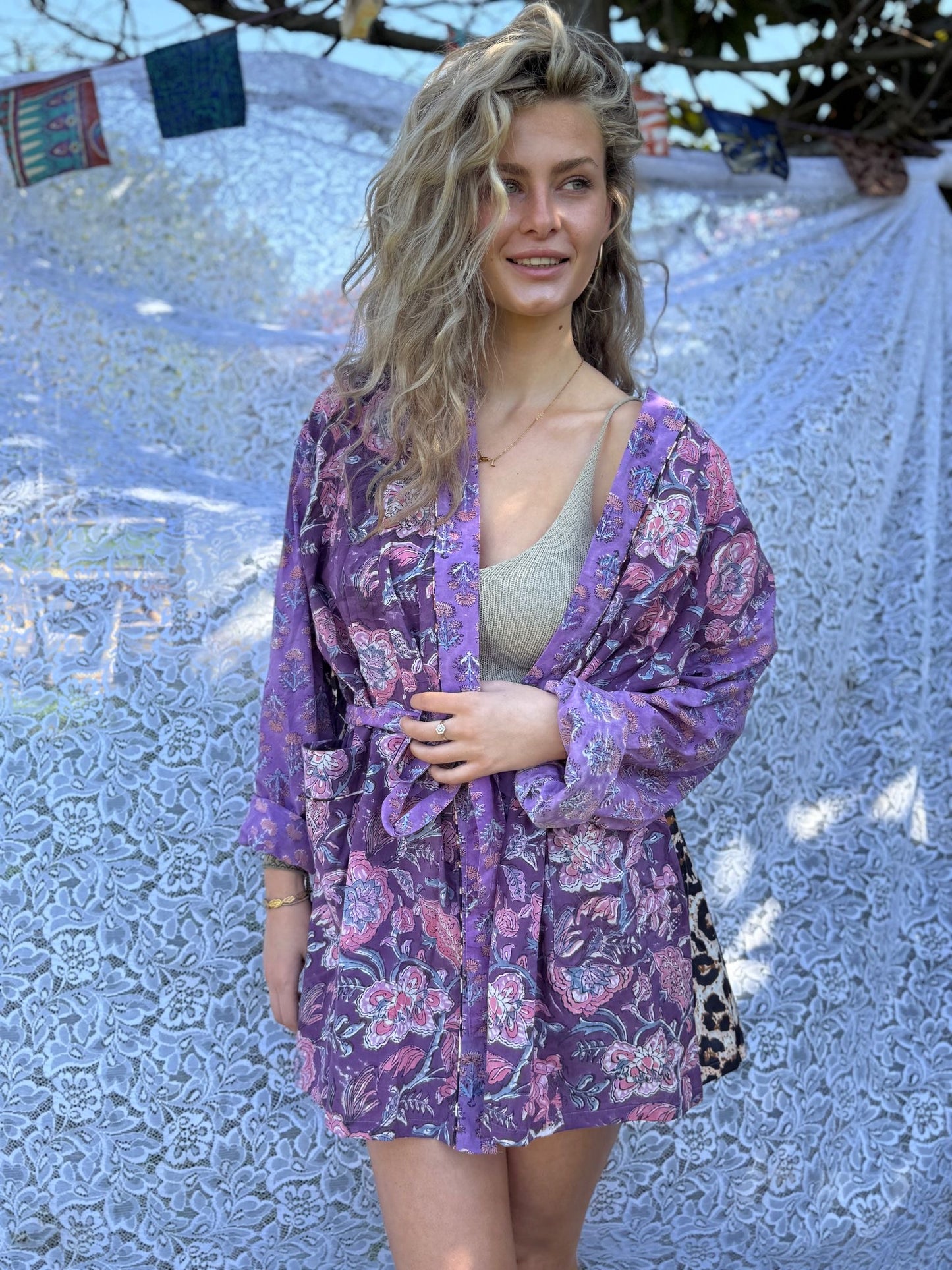 Long cotton kimono block print panter purple