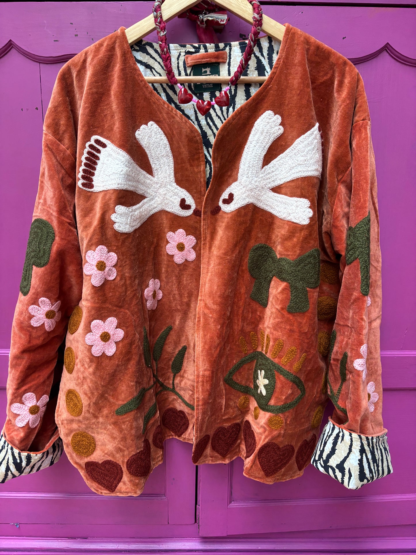 Velvet embroidery jacket birds roest