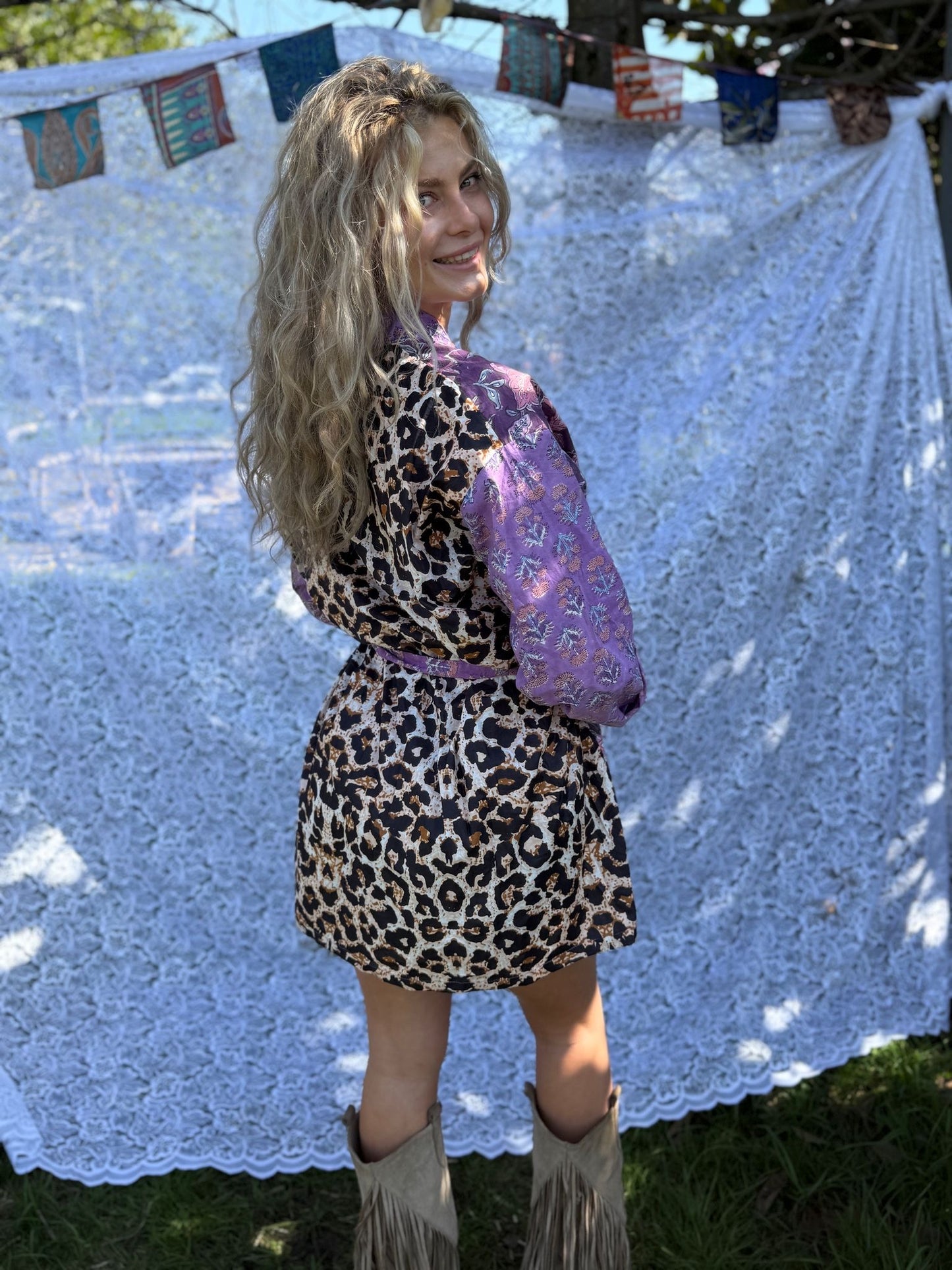 Short cotton kimono block print panter purple