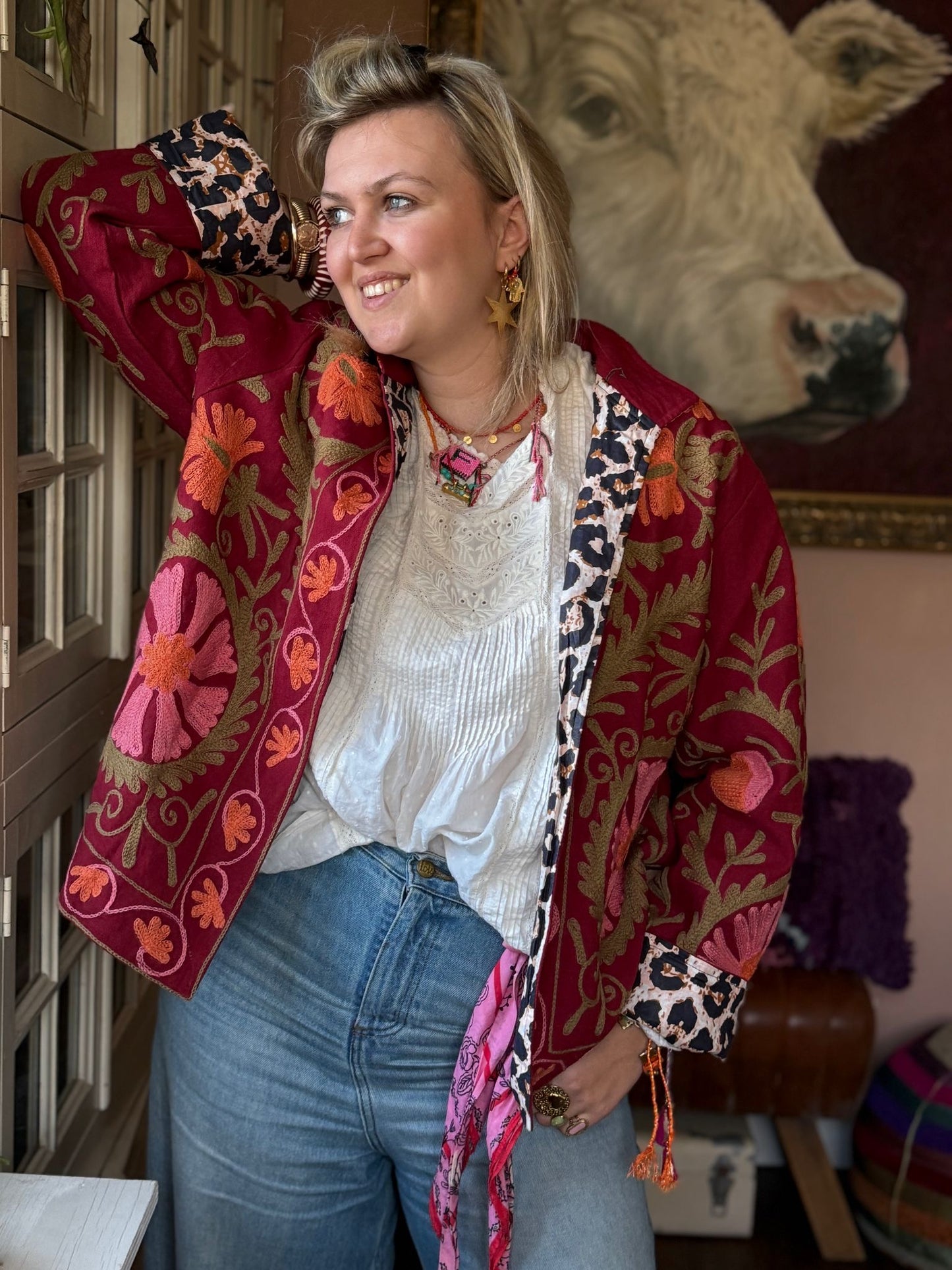 Cotton embroidery jacket red panter