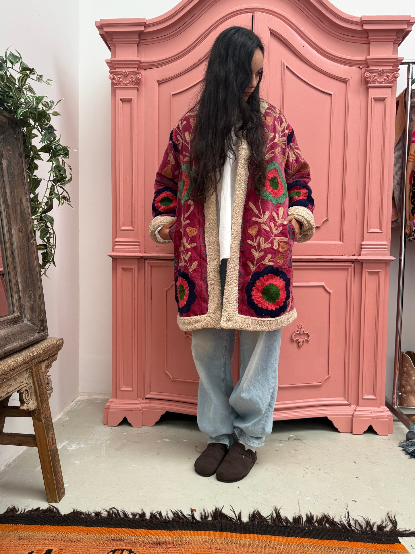Velvet coat fake fur plum