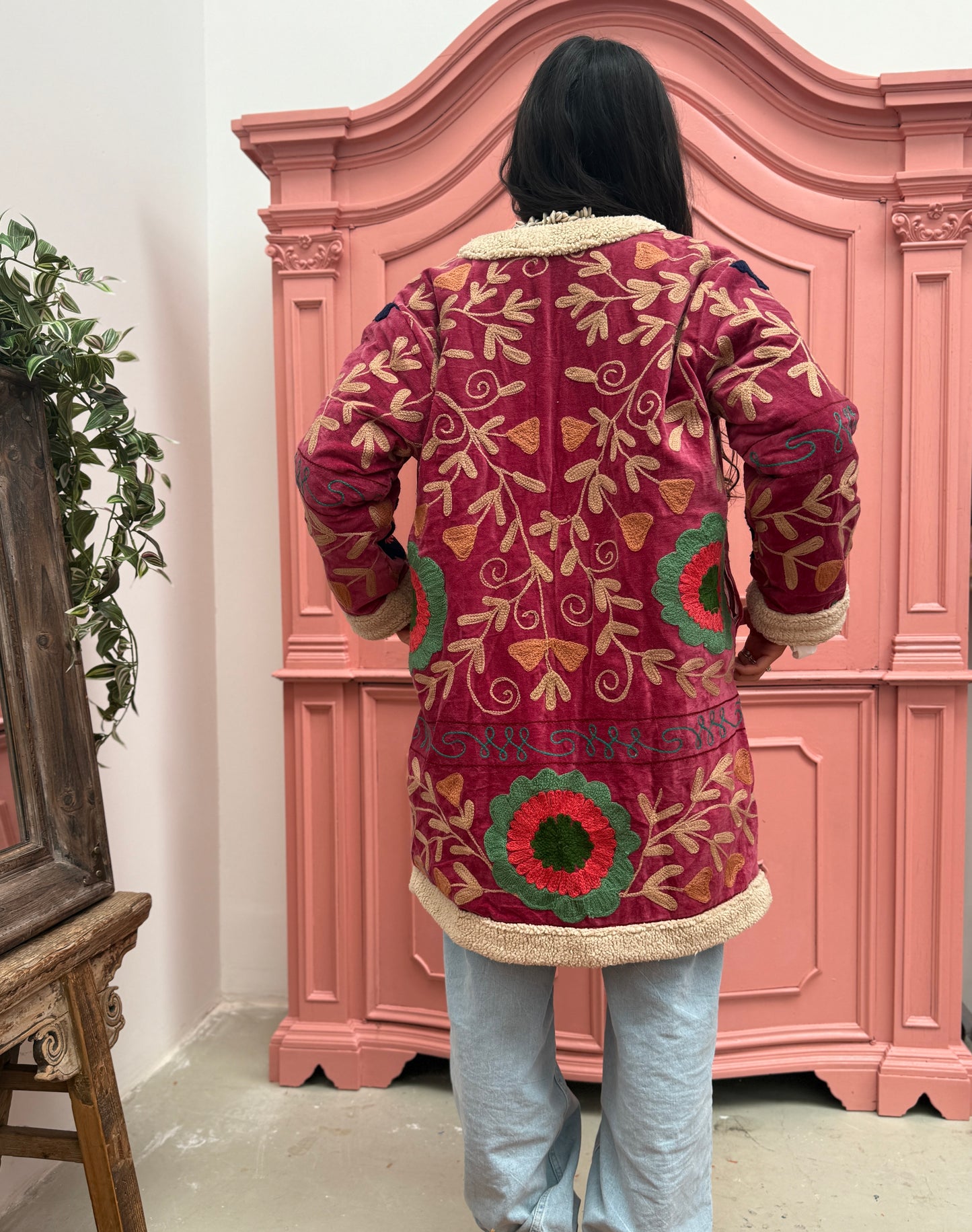 Velvet coat fake fur plum