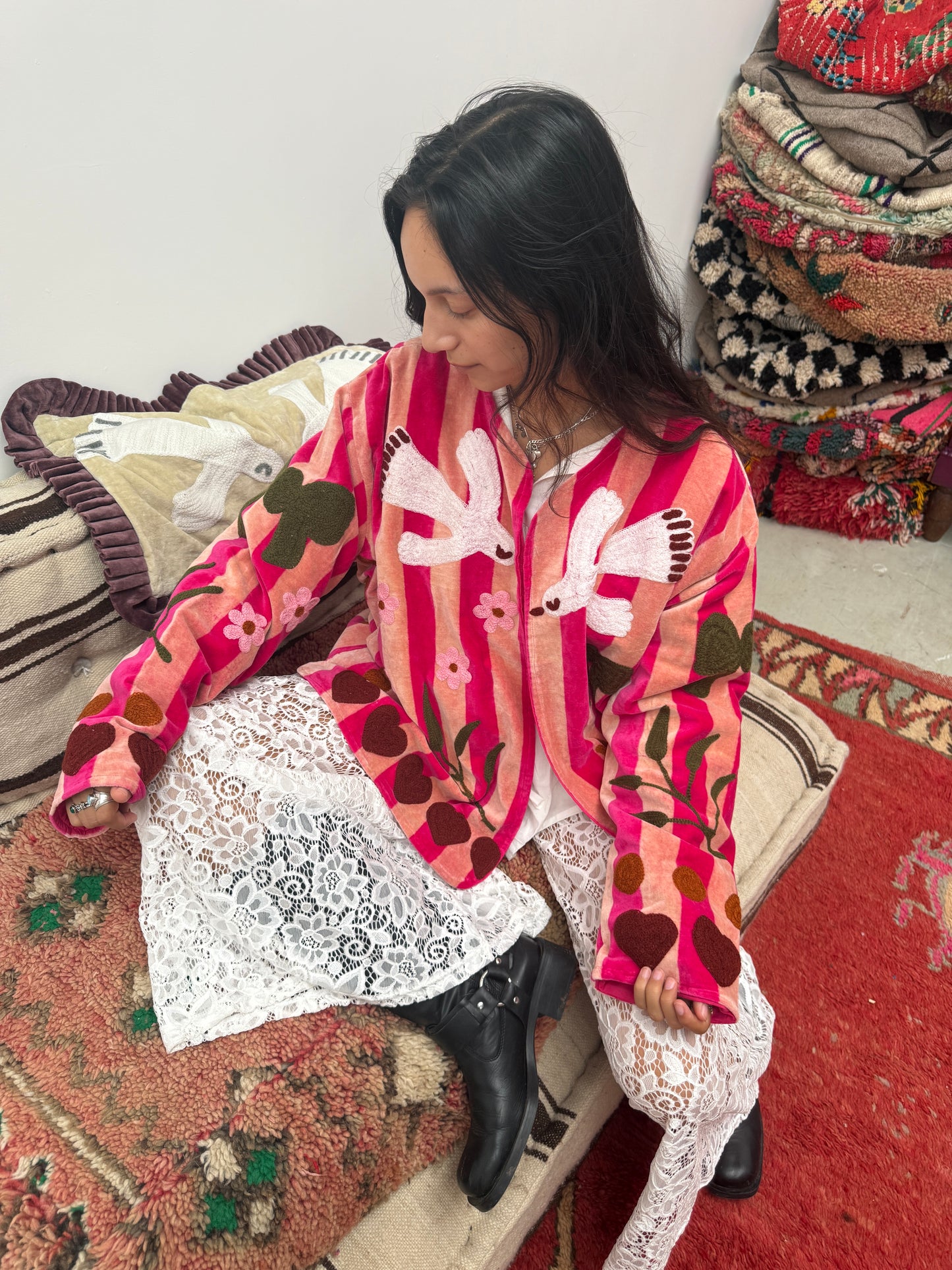 Velvet embroidery jacket birds beige stripe Rose