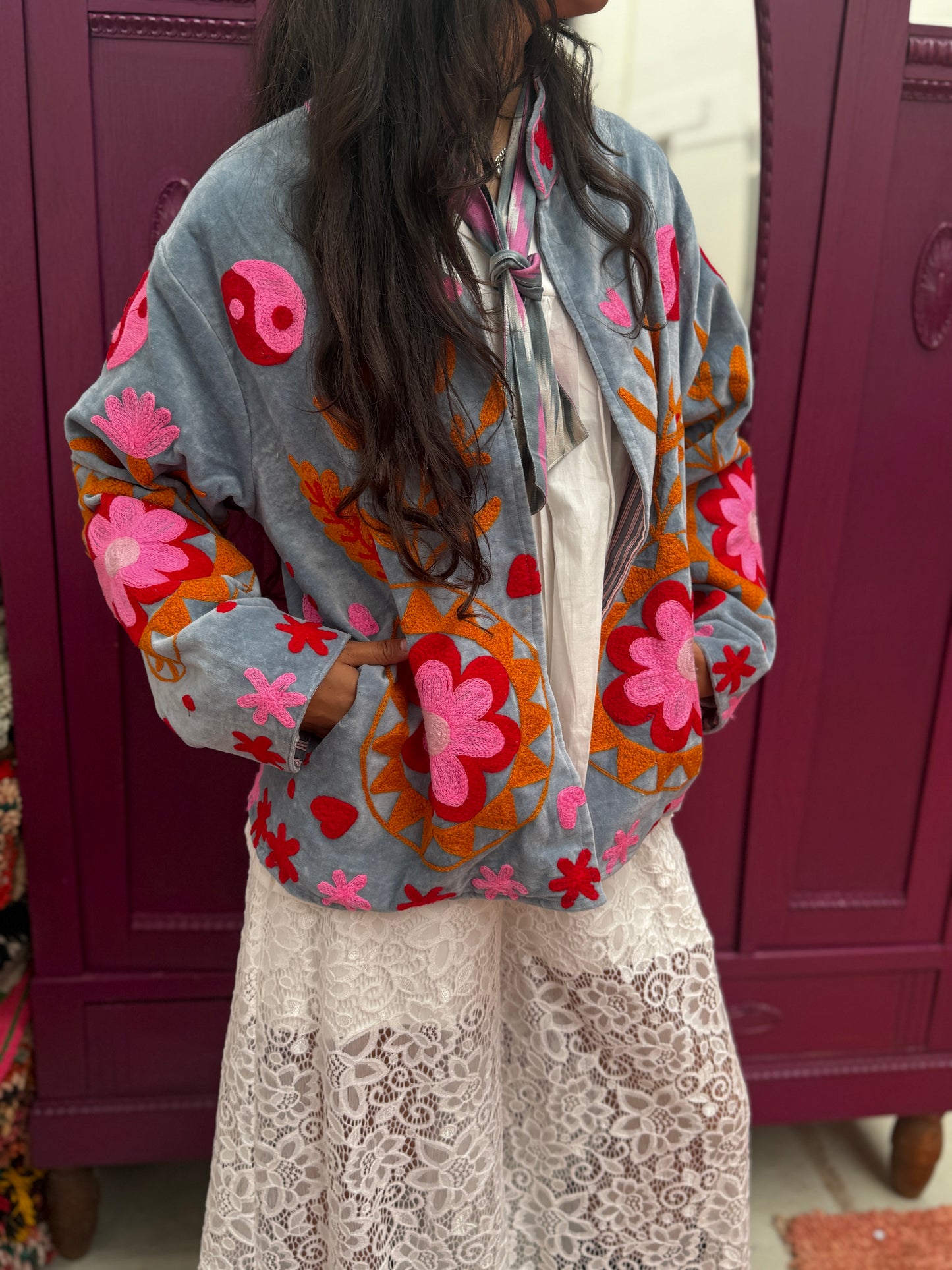 Velvet embroidery jacket pink light grey