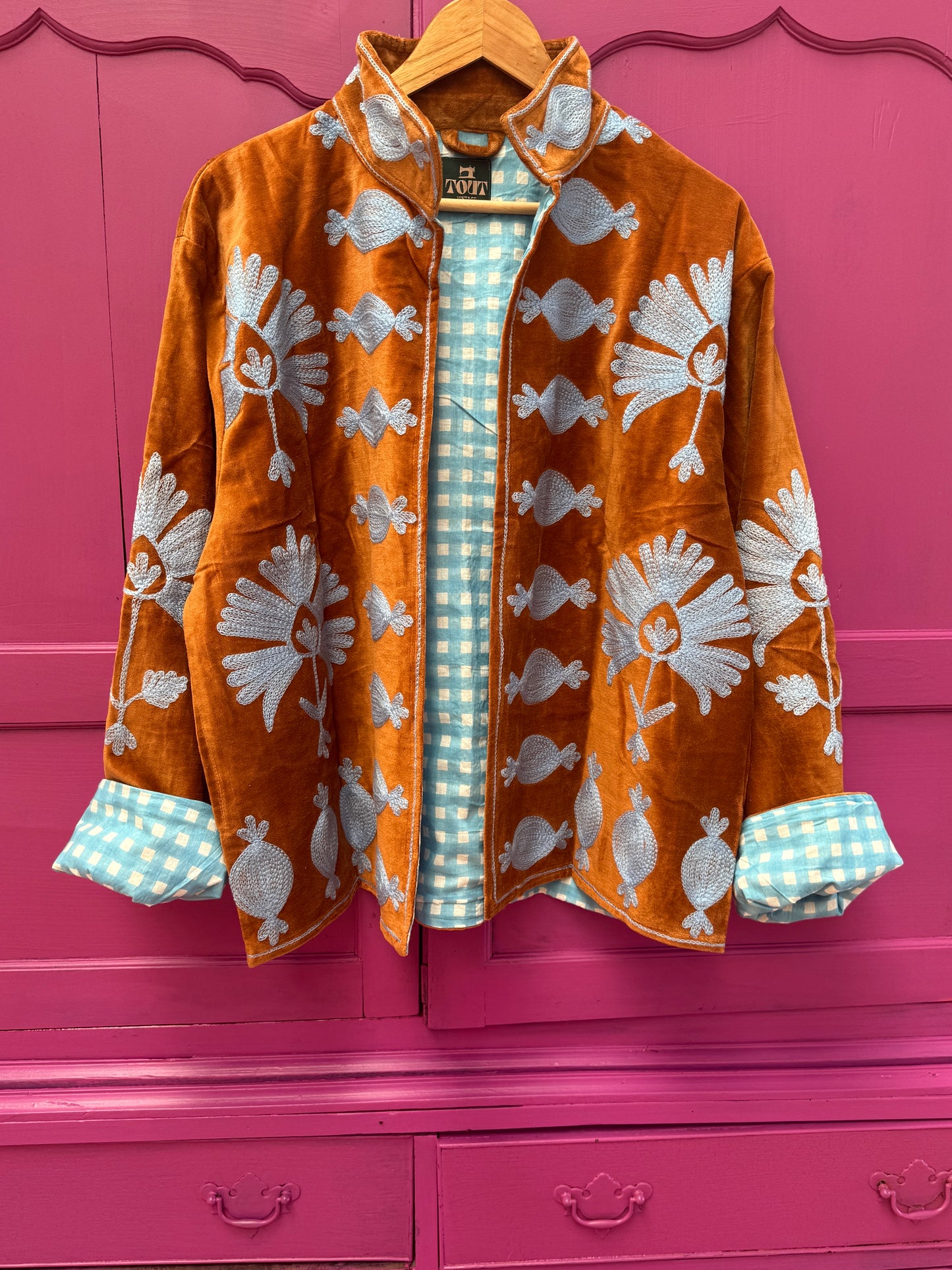 Velvet embroidery jacket bruin met licht blauw