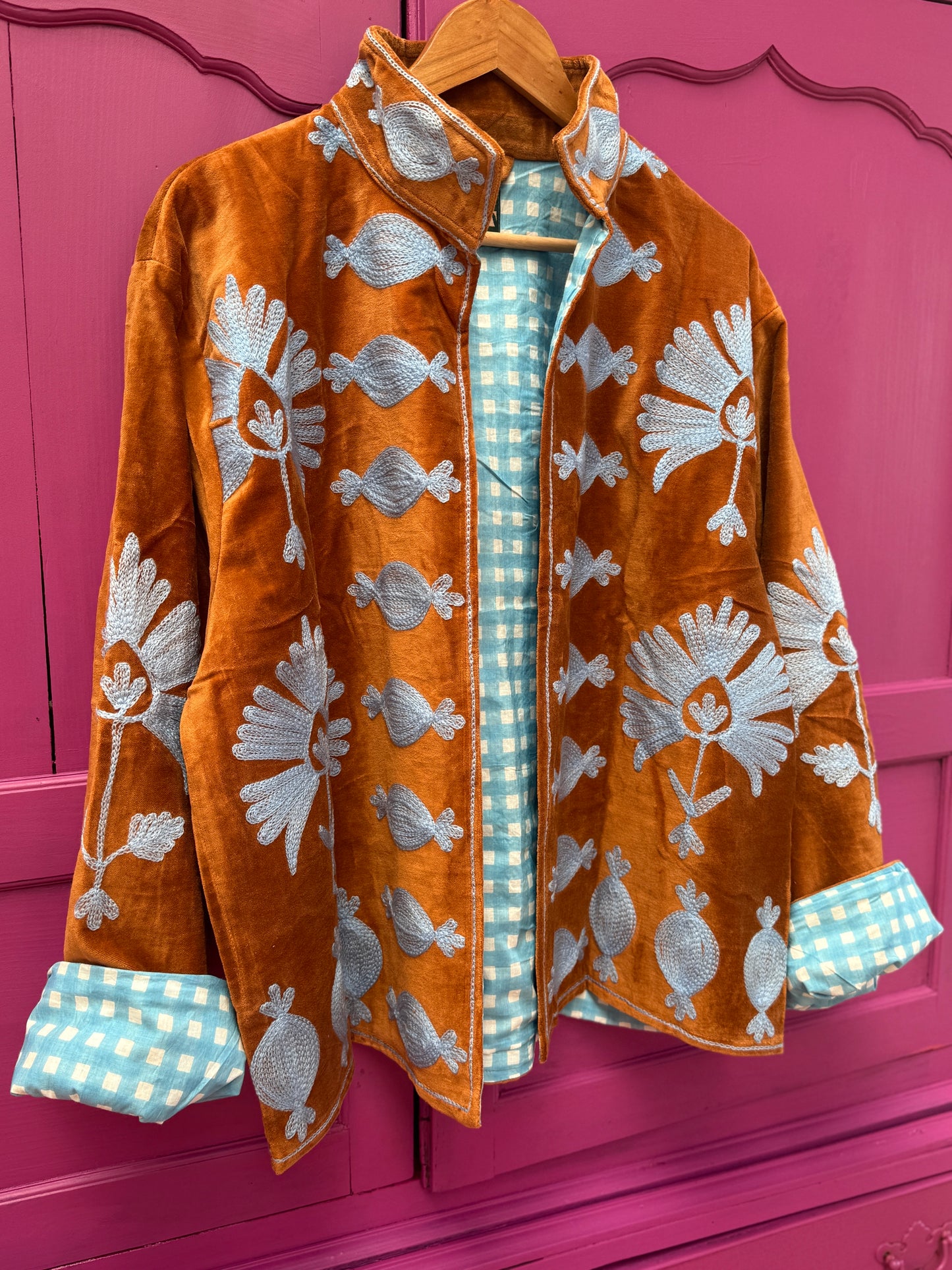 Velvet embroidery jacket bruin met licht blauw