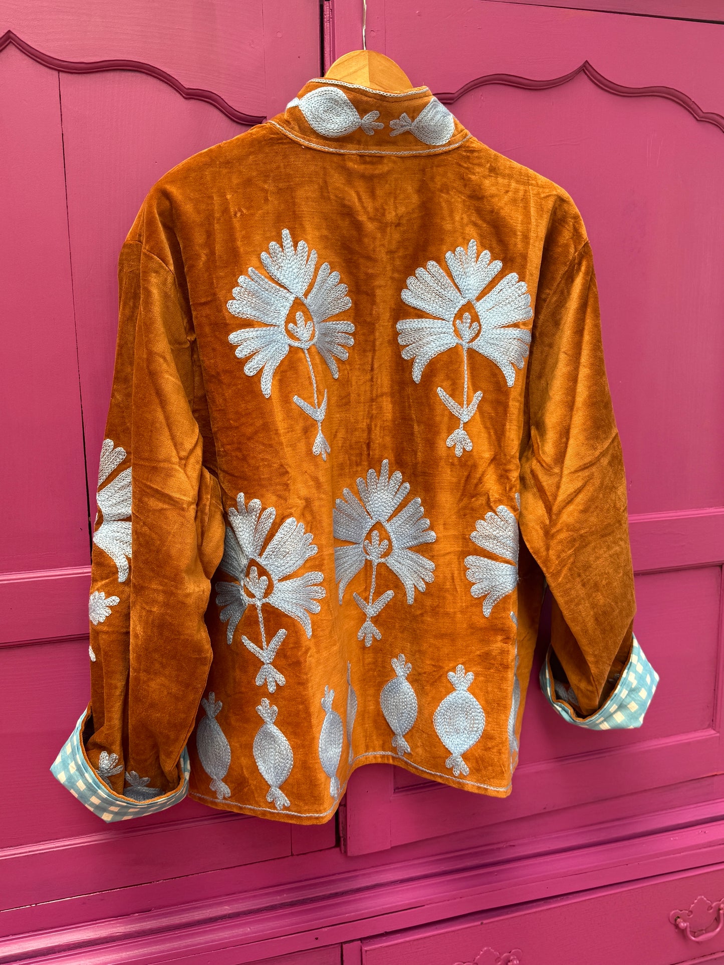 Velvet embroidery jacket bruin met licht blauw