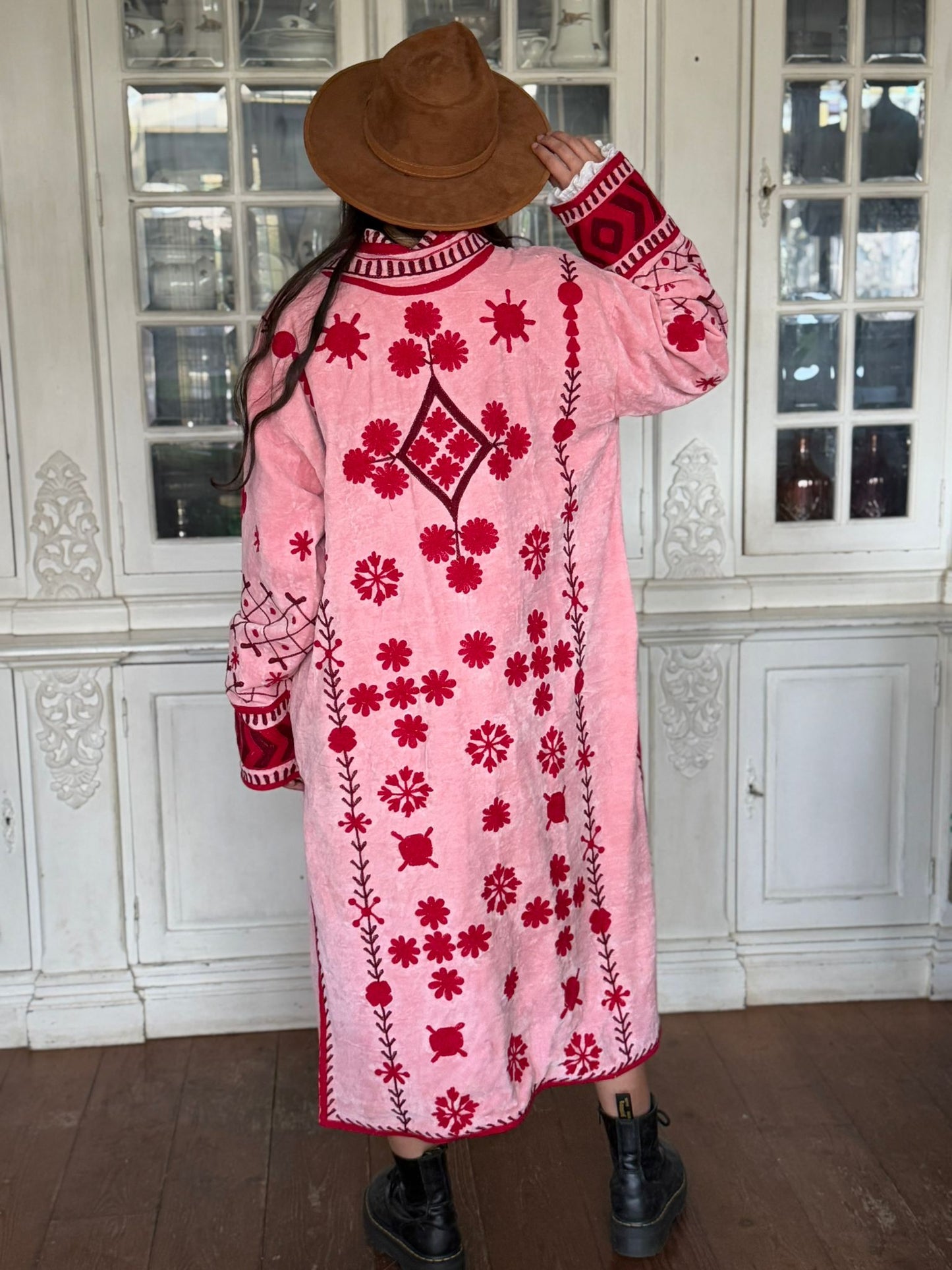 Long velvet embroidery jas pink red special edition