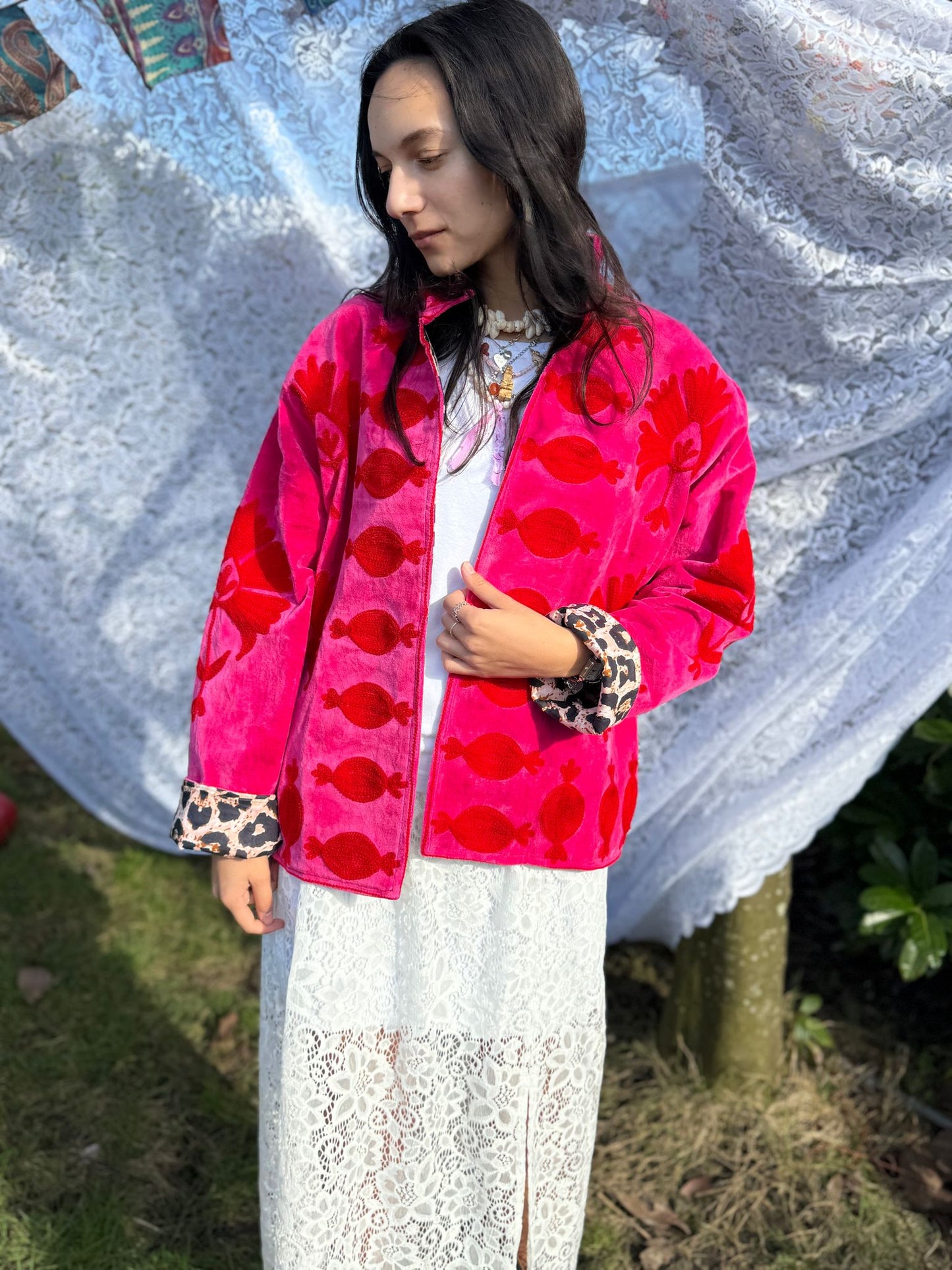 Velvet embroidery jacket pink