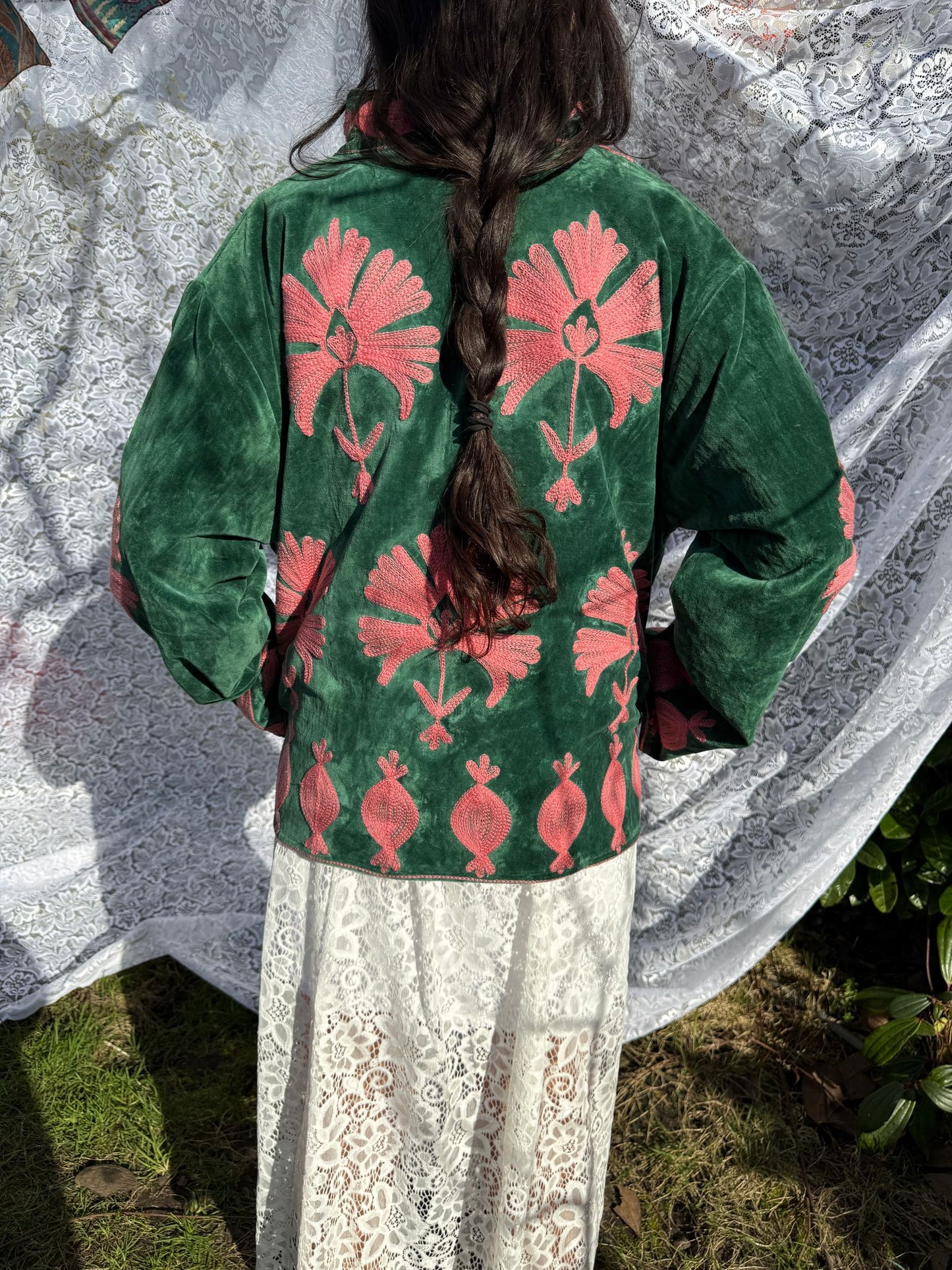 Velvet embroidery jacket green pink panter