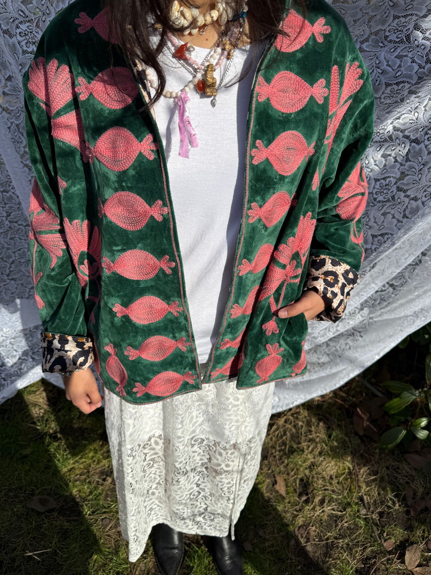 Velvet embroidery jacket green pink panter