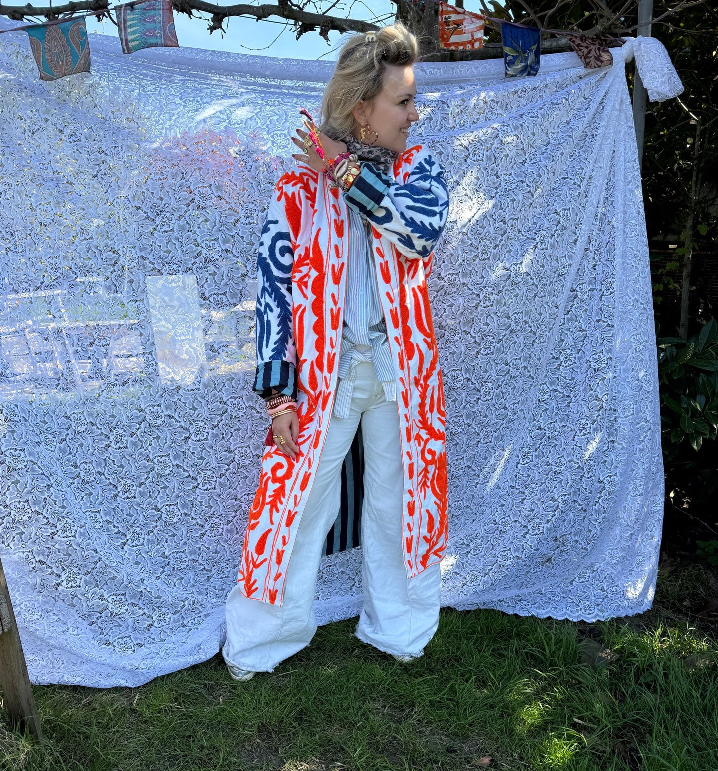 Long cotton Embroidery Orange-Blue