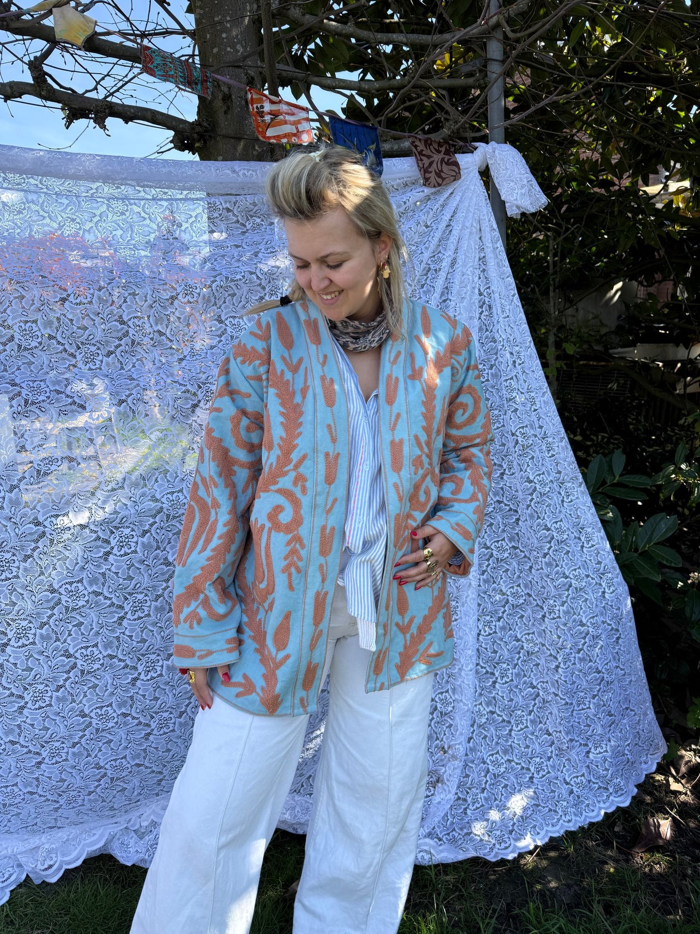 Long cotton Embroidery Light turquoise-beige