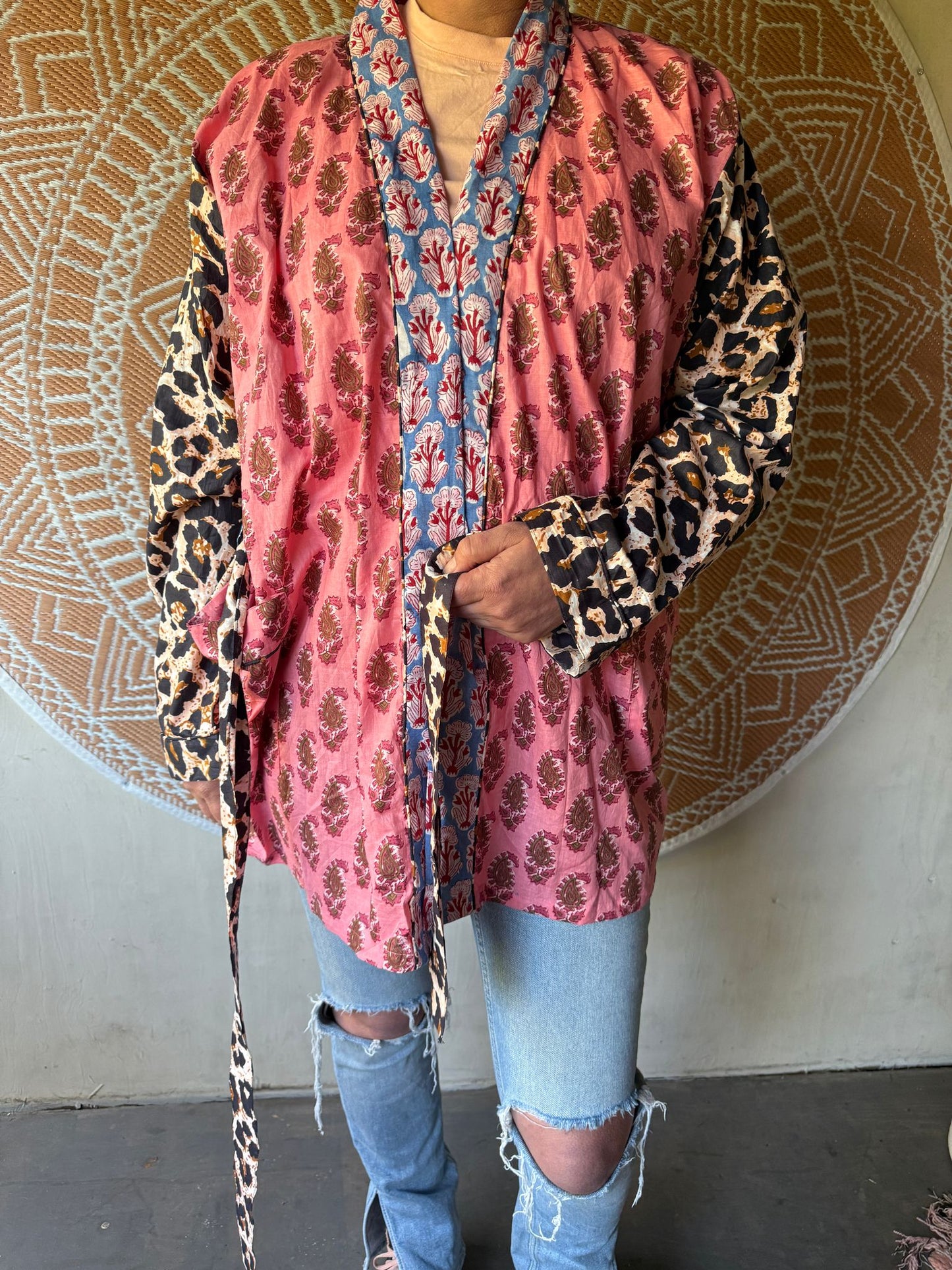 Short cotton kimono block print panter pink