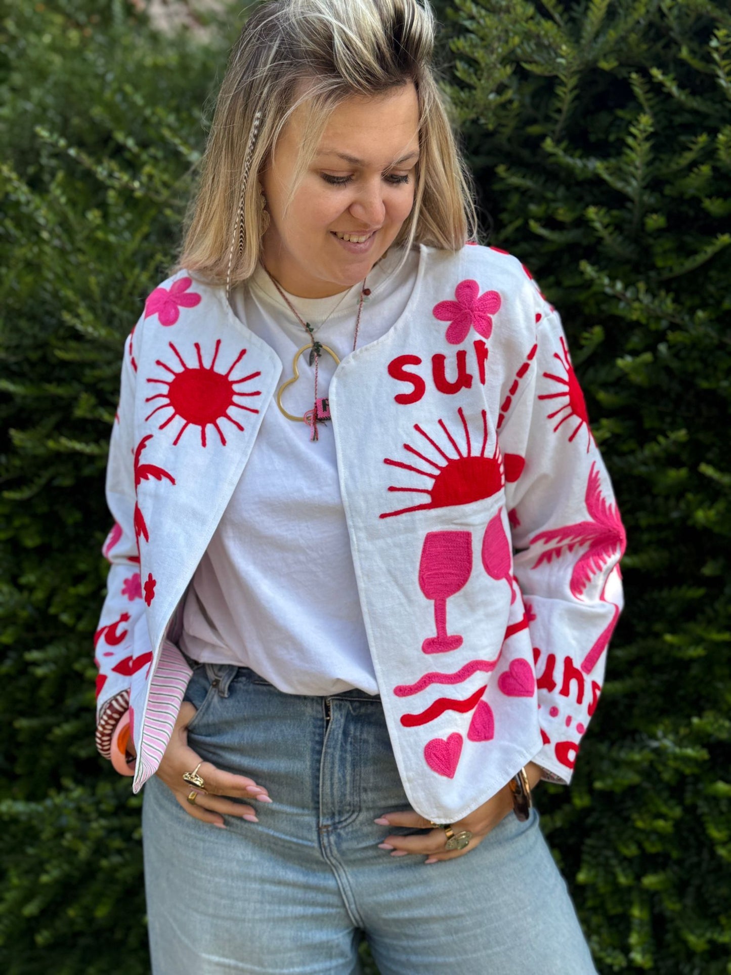 Cotton embroidery jacket CINCIN wit roze