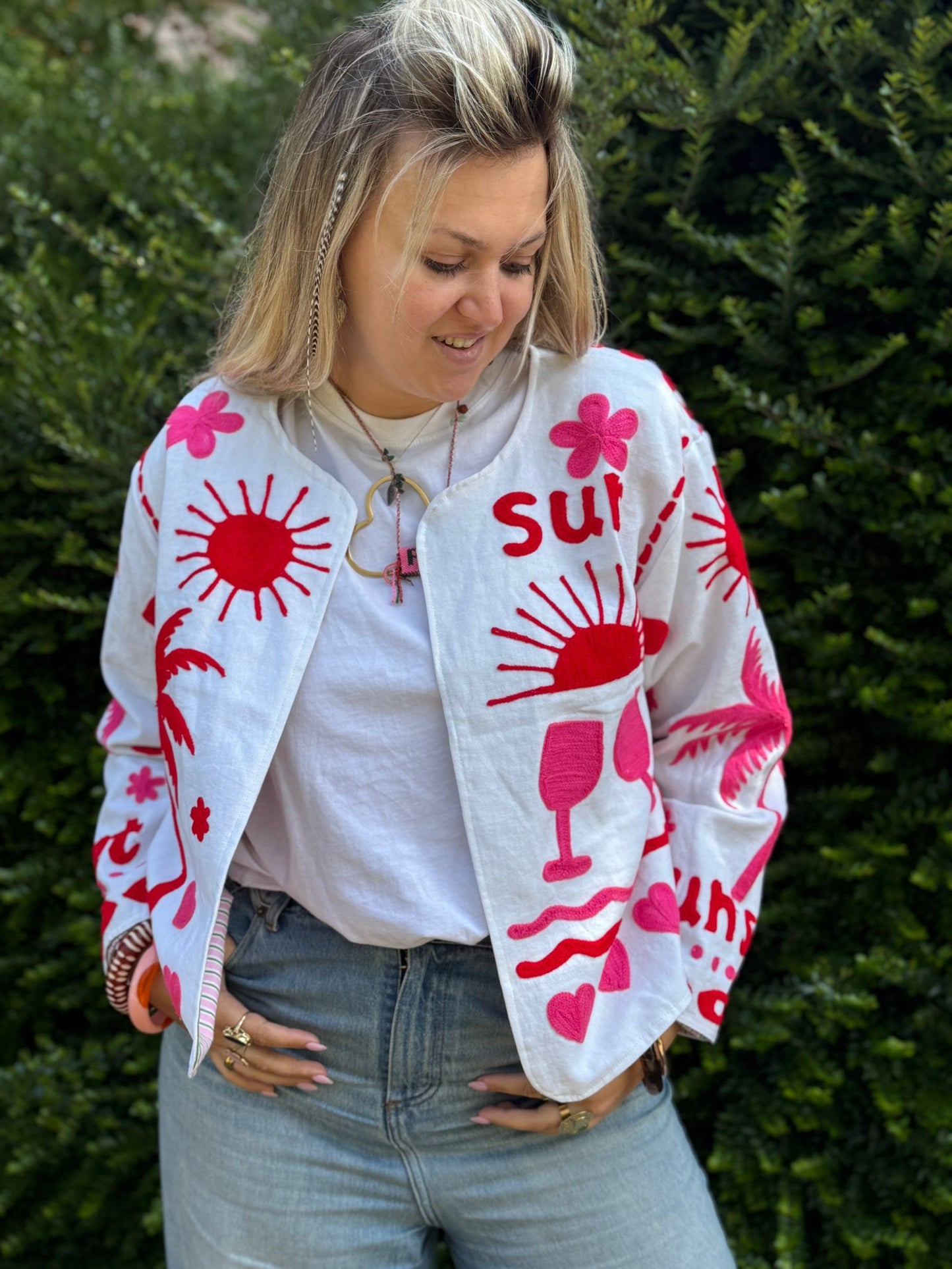 Cotton embroidery jacket CINCIN wit roze