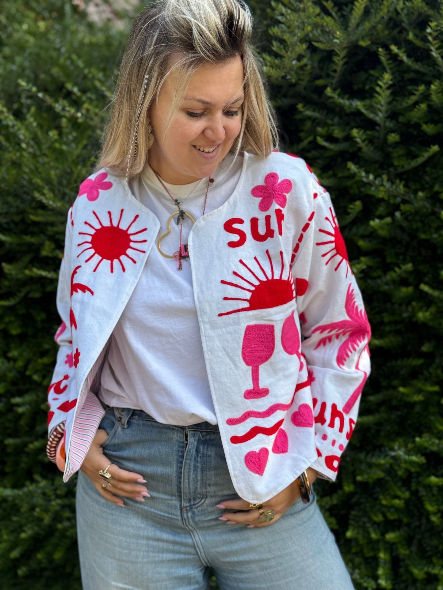 Cotton embroidery jacket CINCIN wit roze