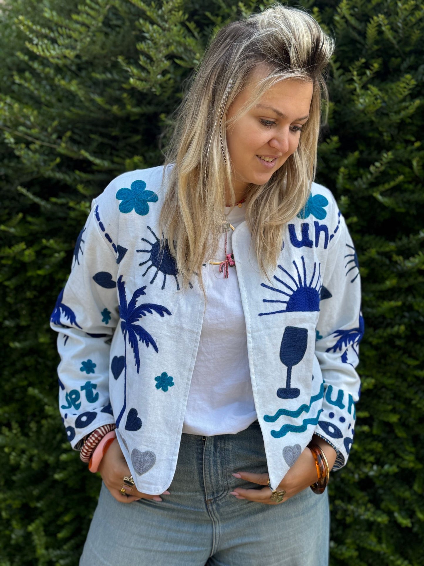 Cotton embroidery jacket CINCIN wit blauw