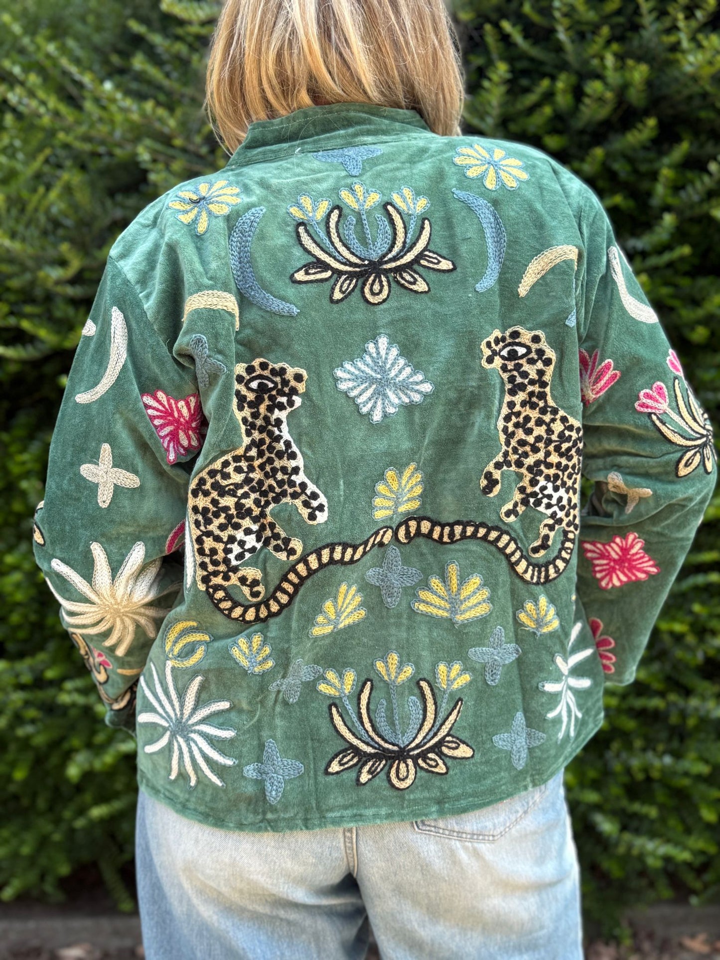 Velvet embroidery jacket green panter back
