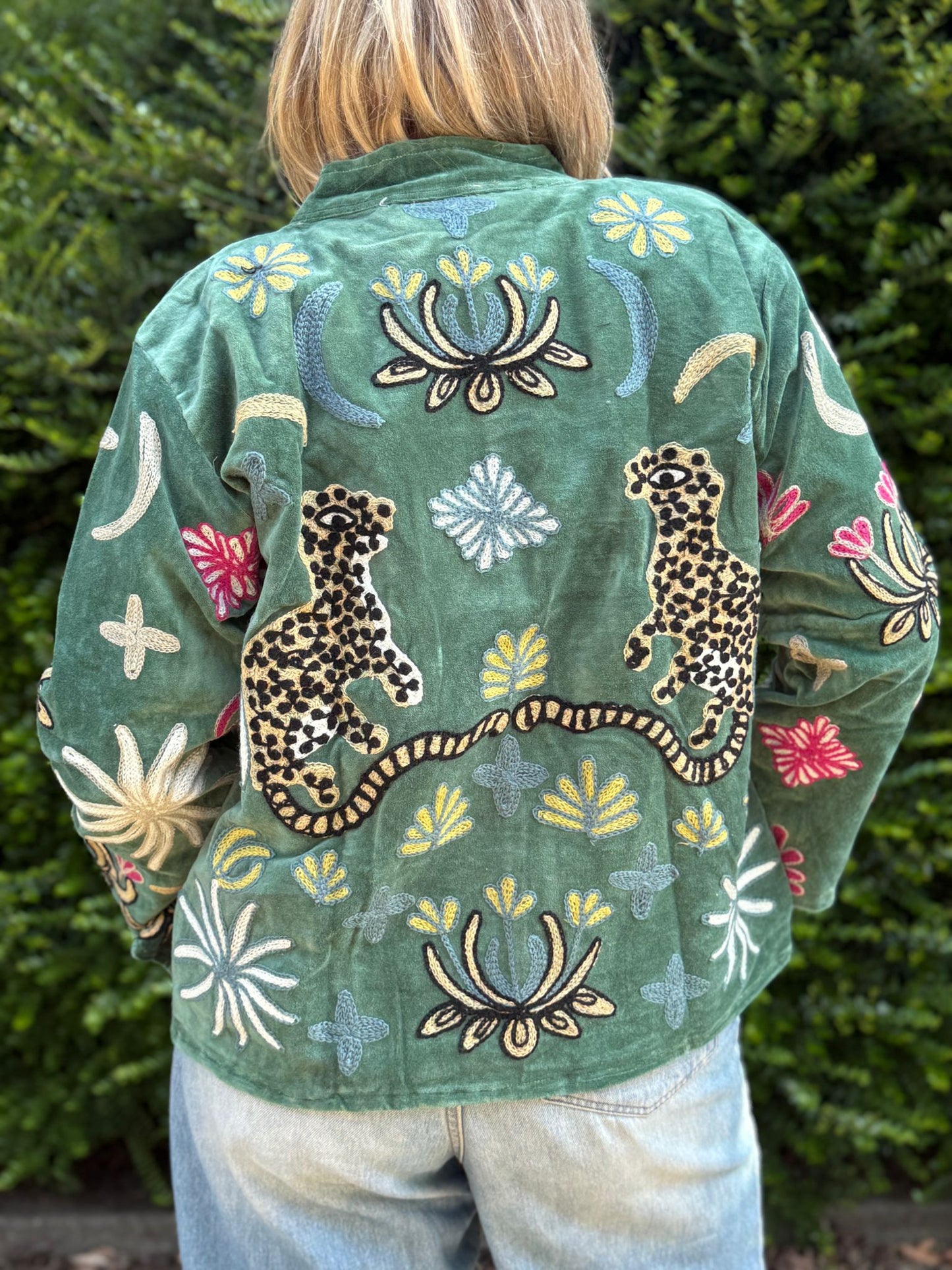 Velvet embroidery jacket green panter back