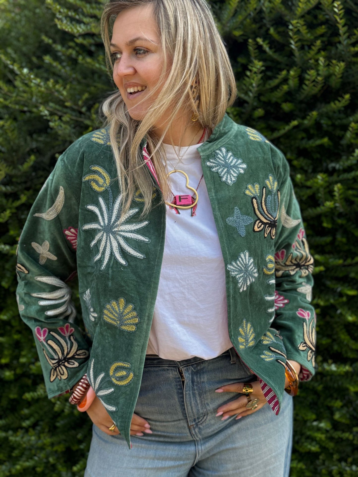 Velvet embroidery jacket green panter back