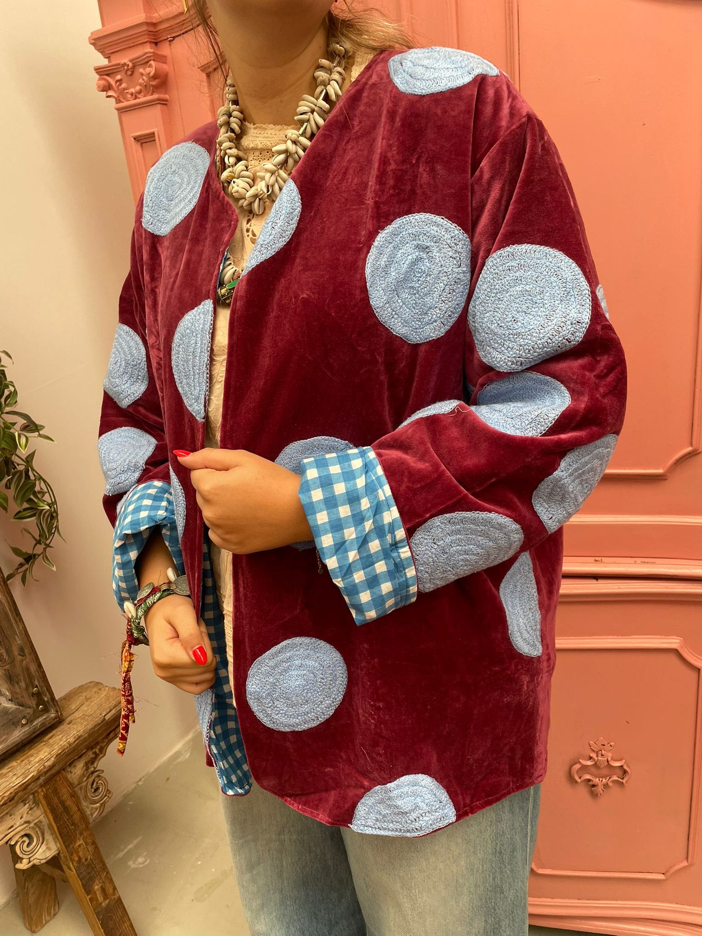 Velvet embroidery jacket Dots Roodbruin blauw