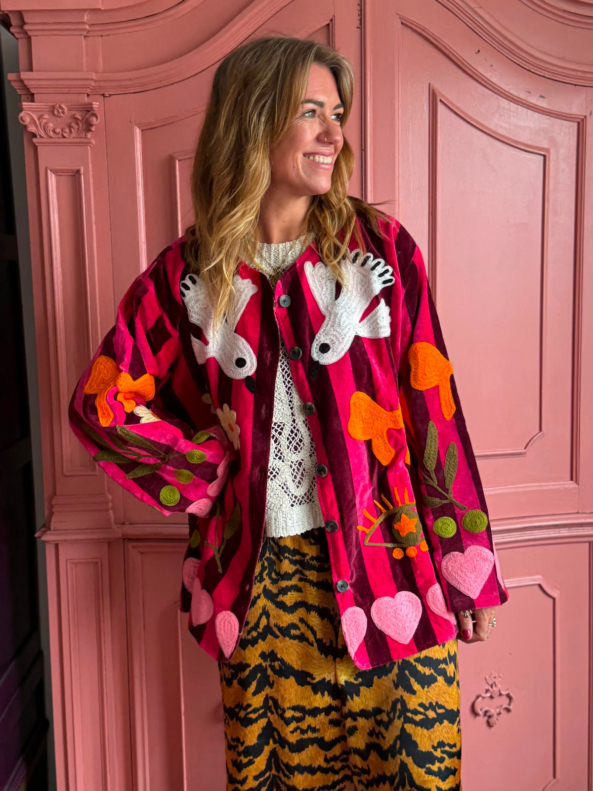 TOUT - Birds Jacket Velvet Pink stripes