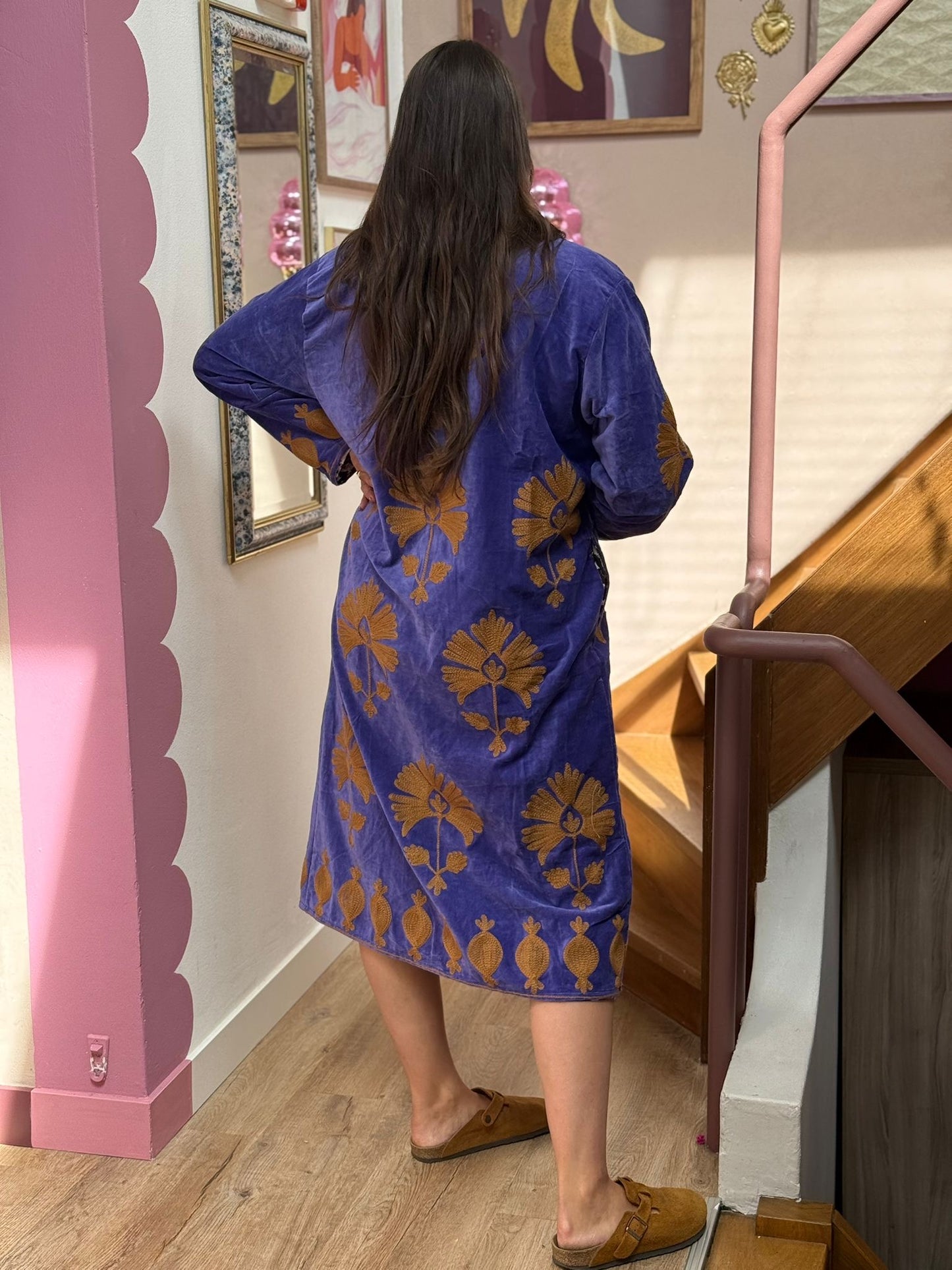 Long velvet embroidery jas Lavendel beige panter