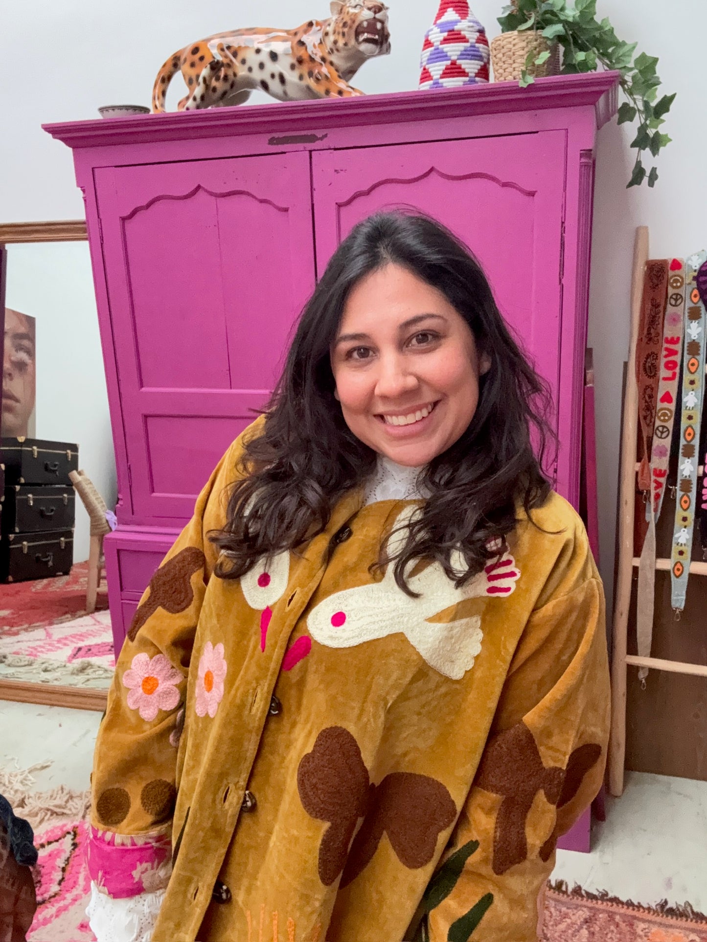 Velvet  embroidery jacket Birds oker