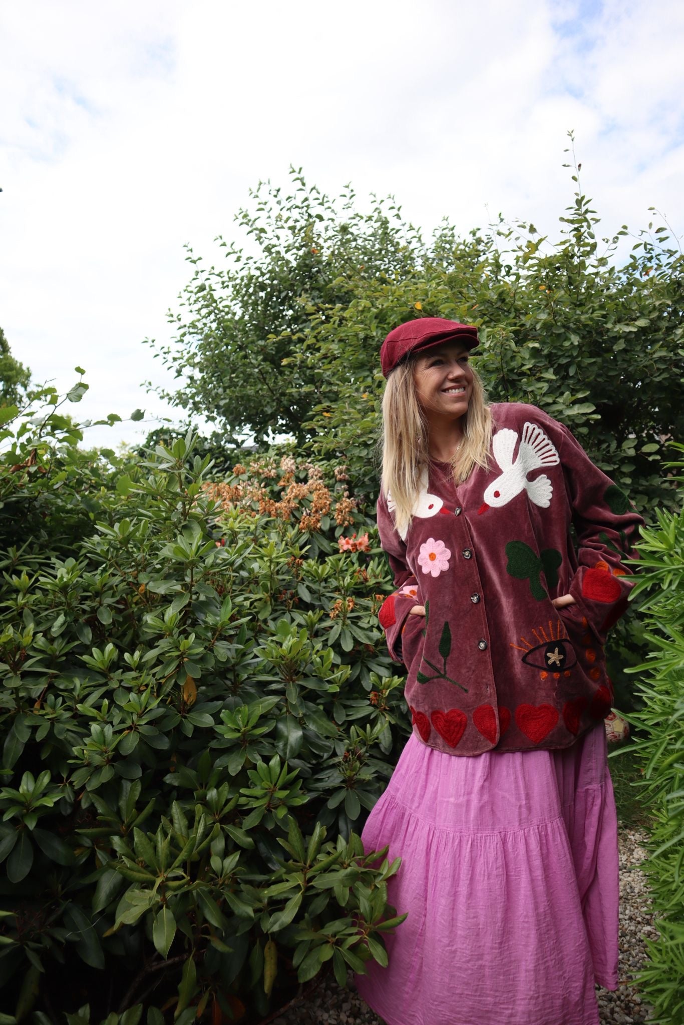 Velvet  embroidery jacket birds Purple