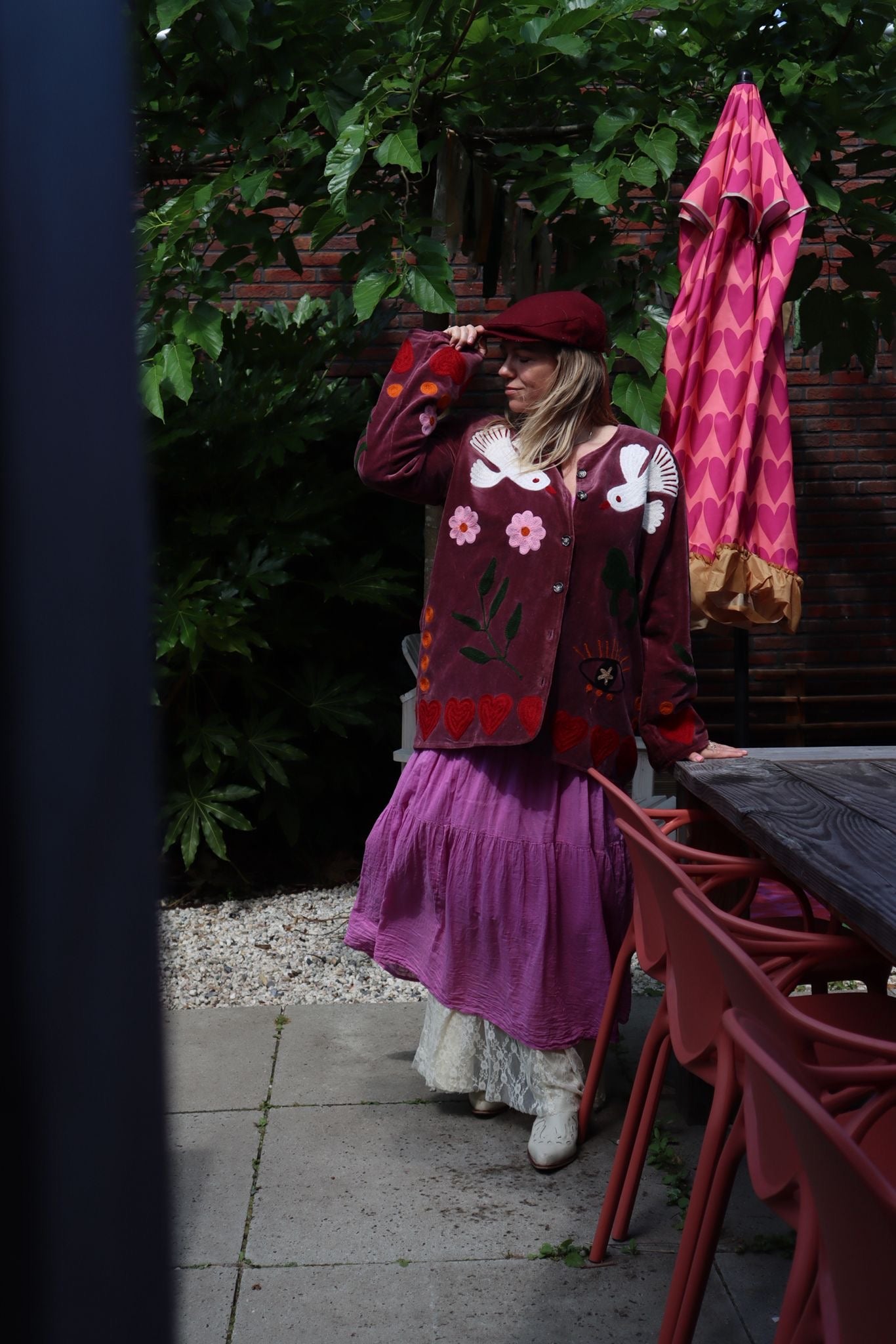 Velvet  embroidery jacket birds Purple