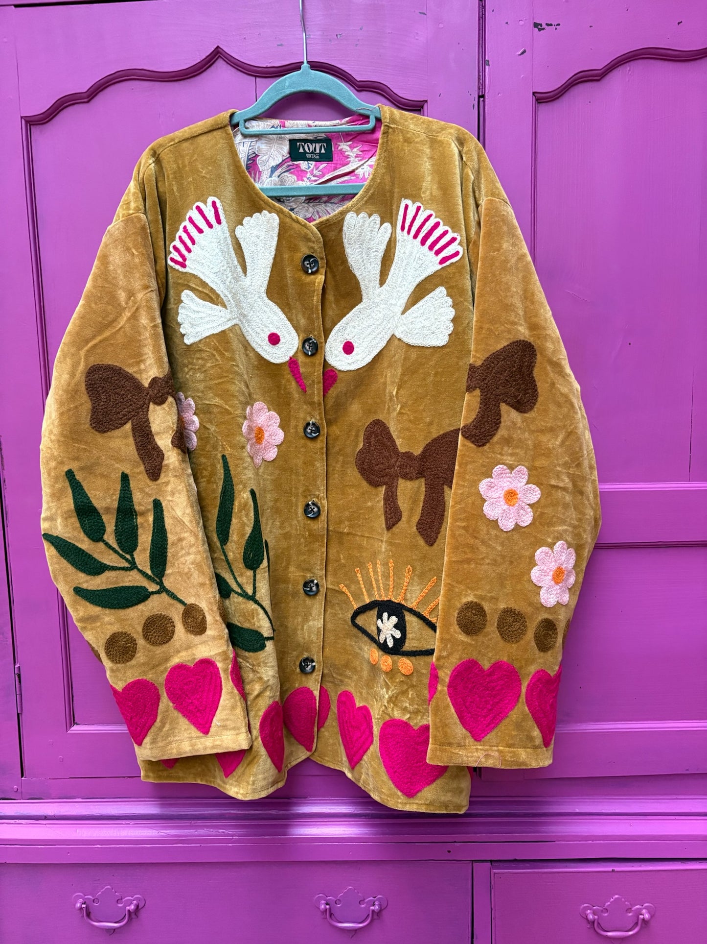 Velvet  embroidery jacket Birds oker