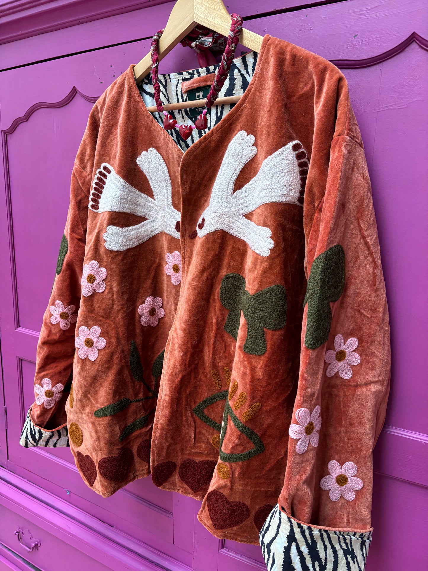 Velvet  embroidery jacket birds roest