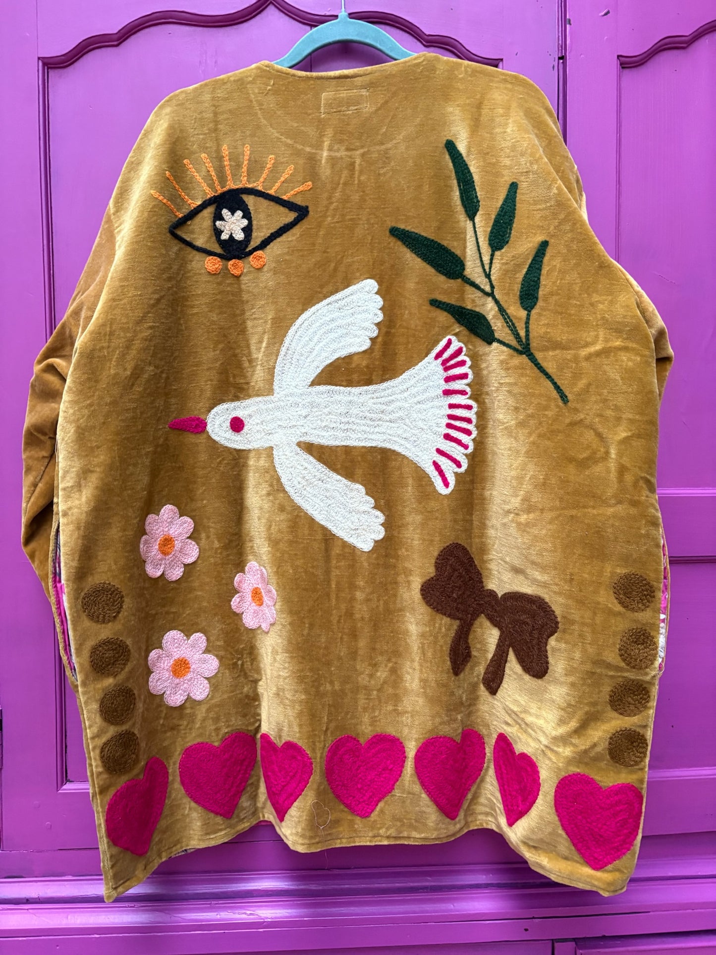 Velvet  embroidery jacket Birds oker