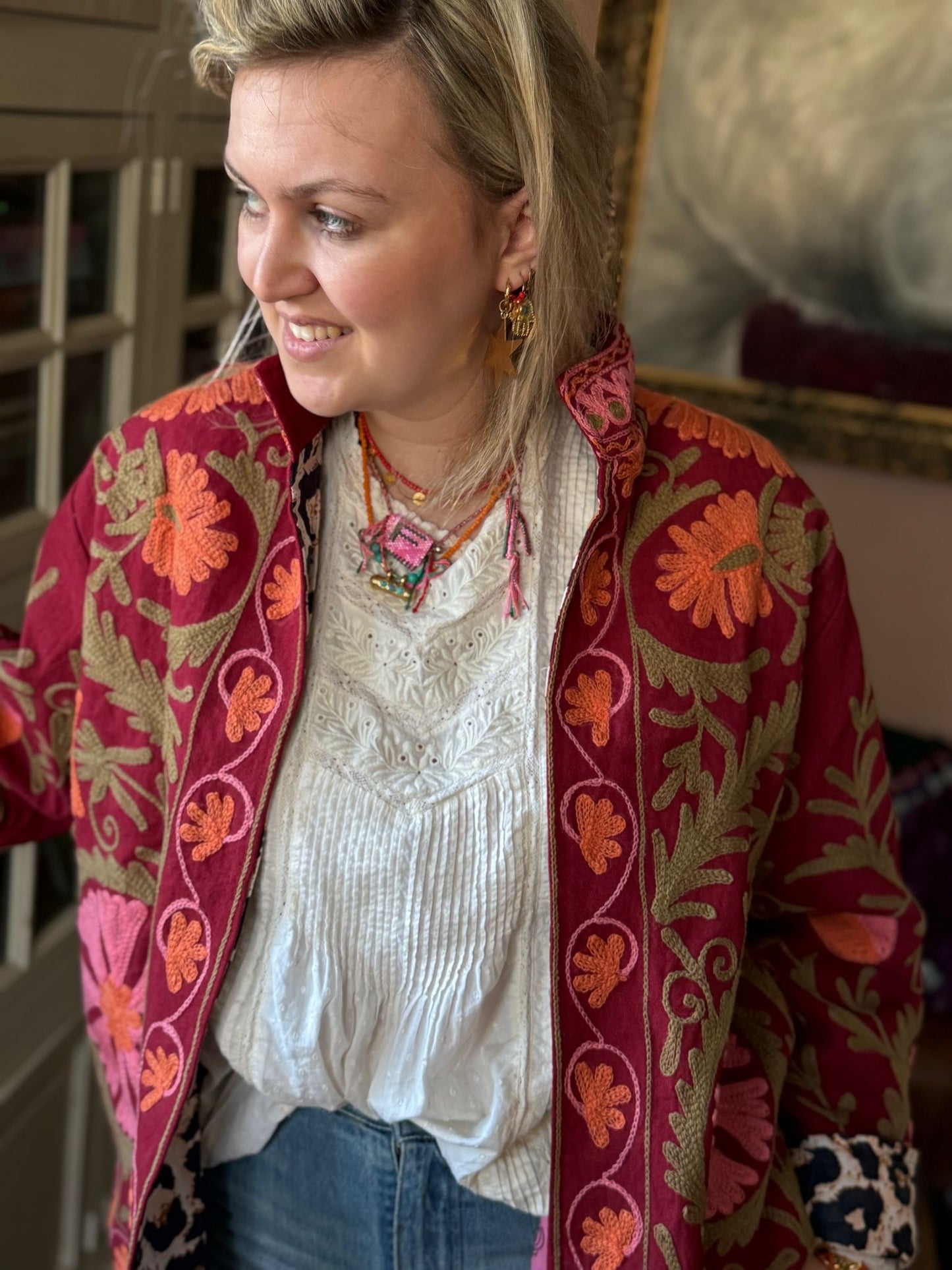 Cotton embroidery jacket red panter