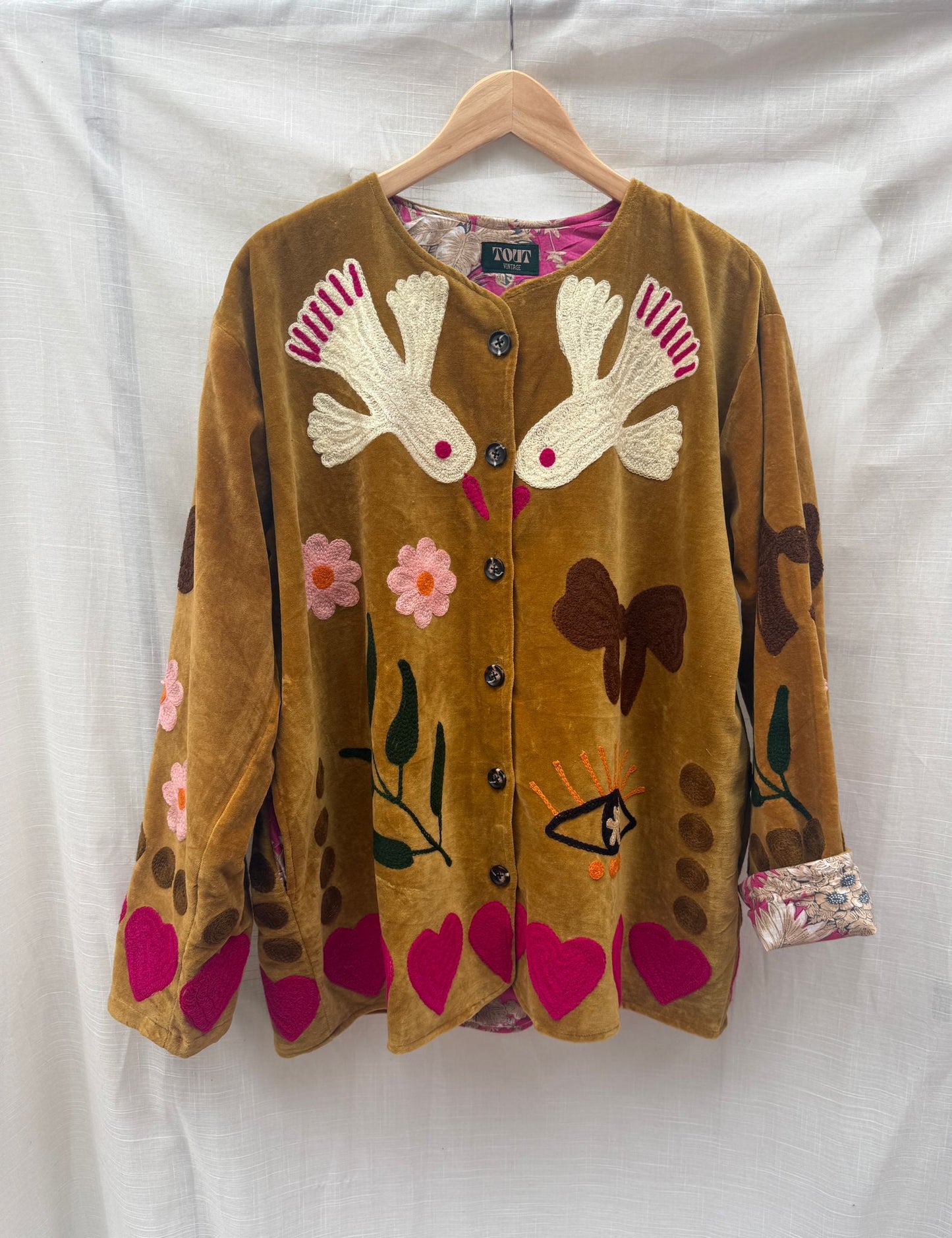 Velvet  embroidery jacket Birds oker