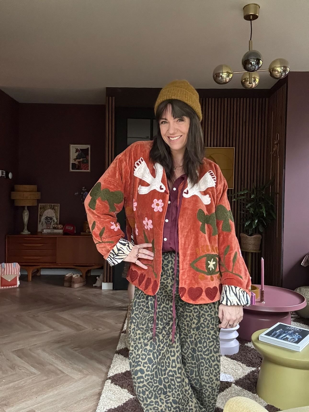 Velvet  embroidery jacket birds roest