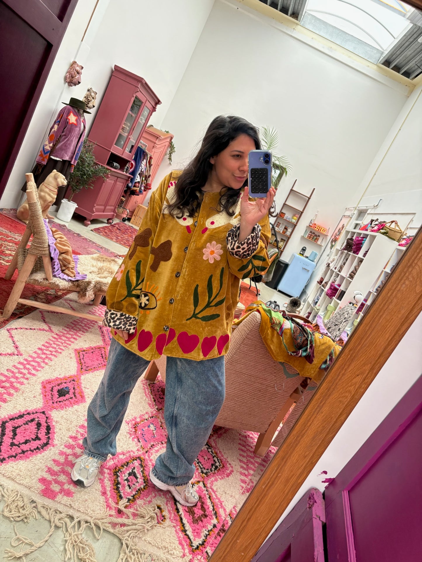 Velvet  embroidery jacket Birds oker