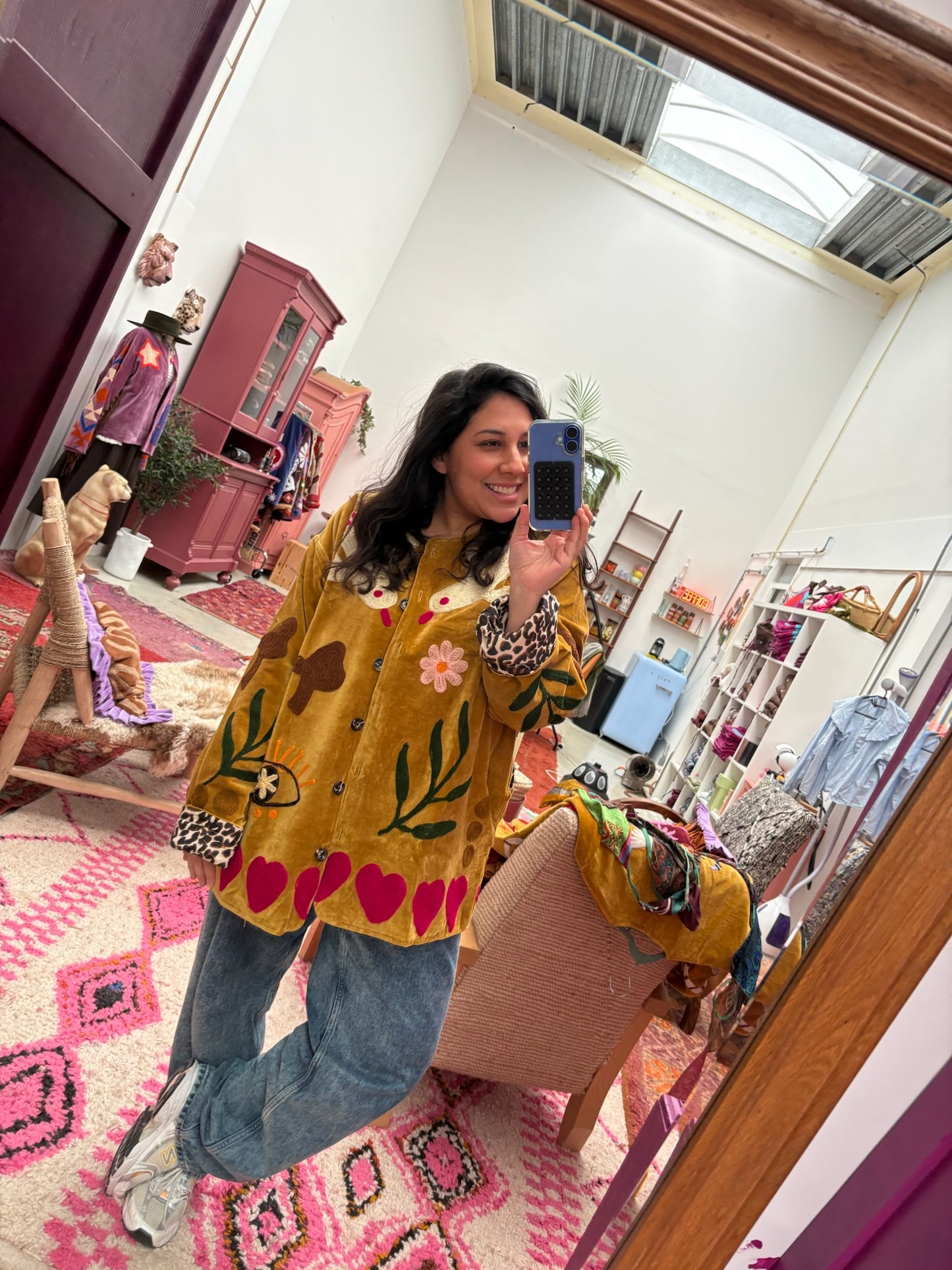 Velvet  embroidery jacket Birds oker