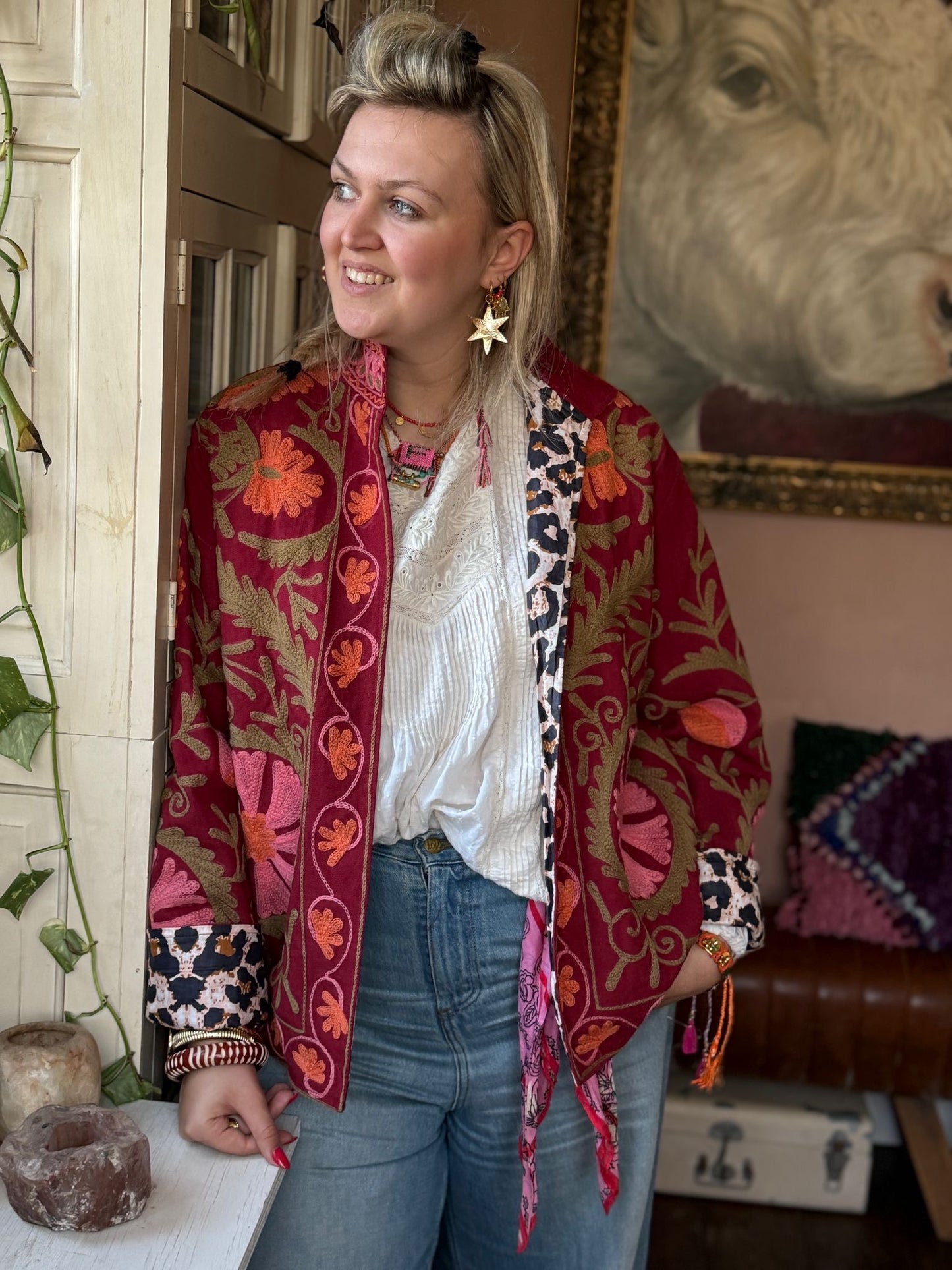 Cotton embroidery jacket red panter