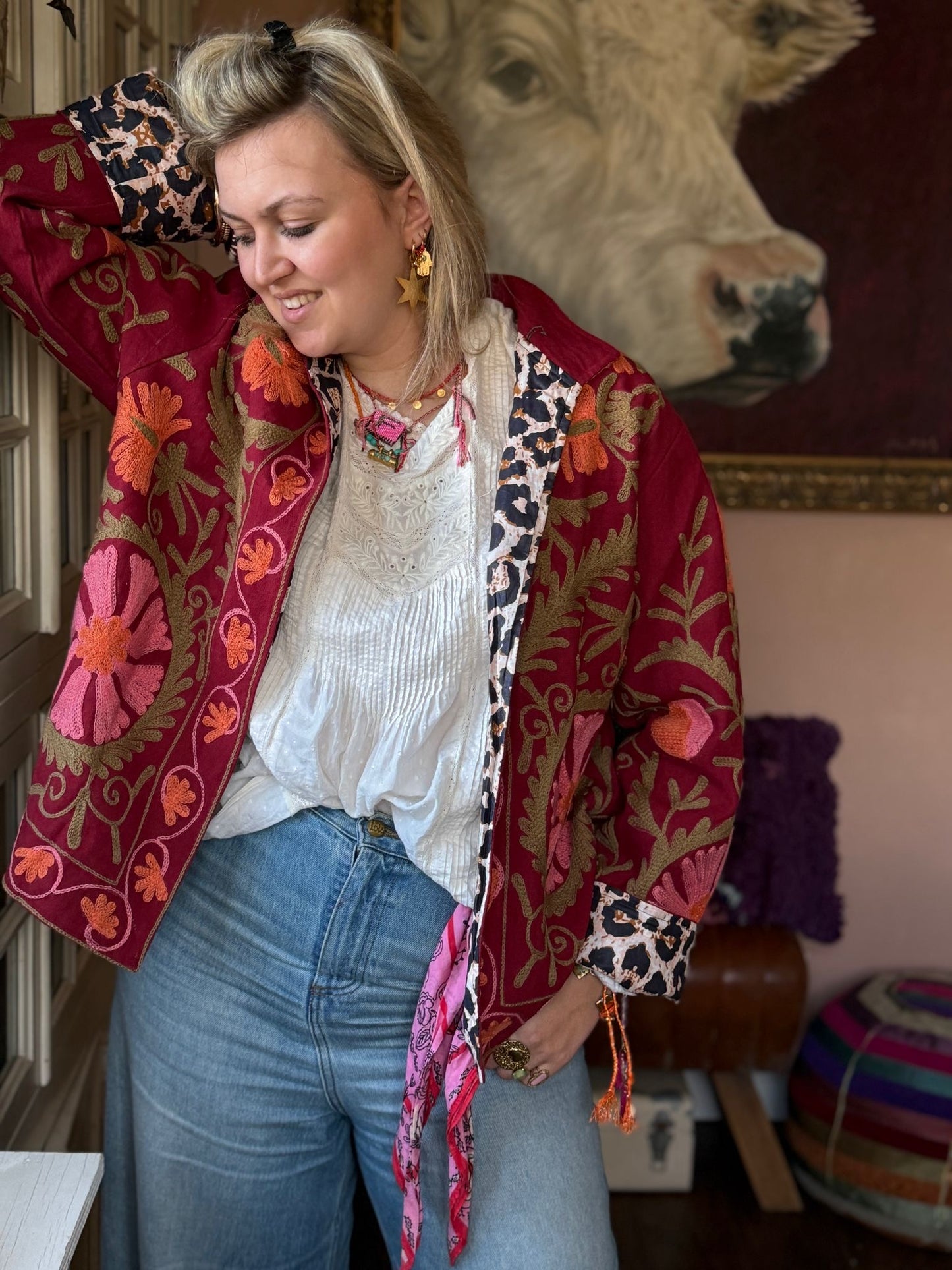Cotton embroidery jacket red panter