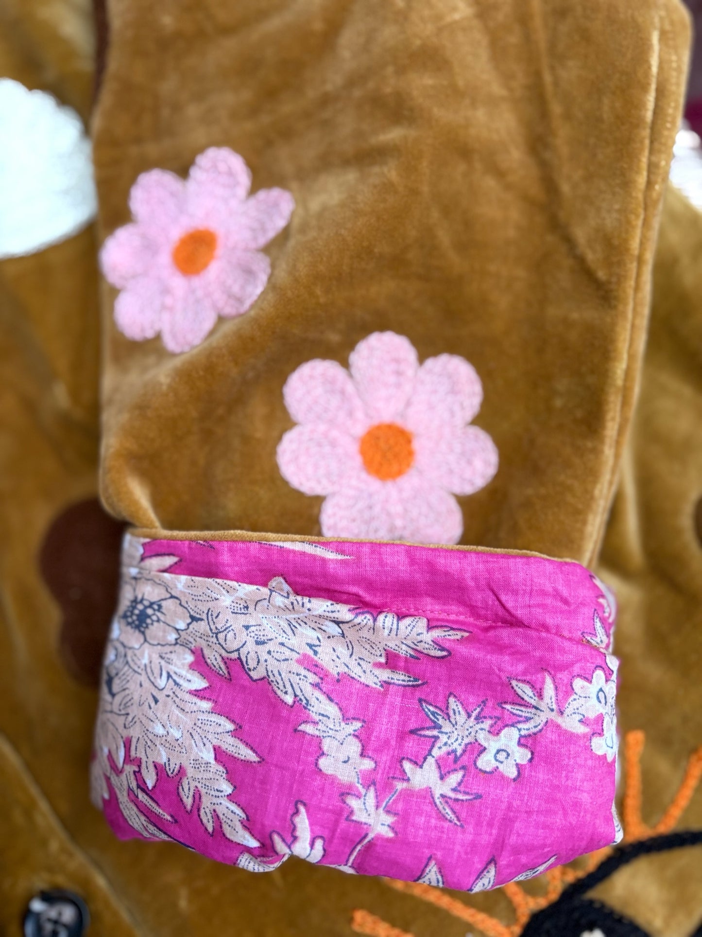 Velvet  embroidery jacket Birds oker