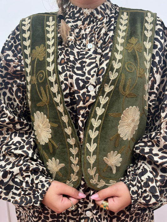Suzani velvet  Gilet green beige