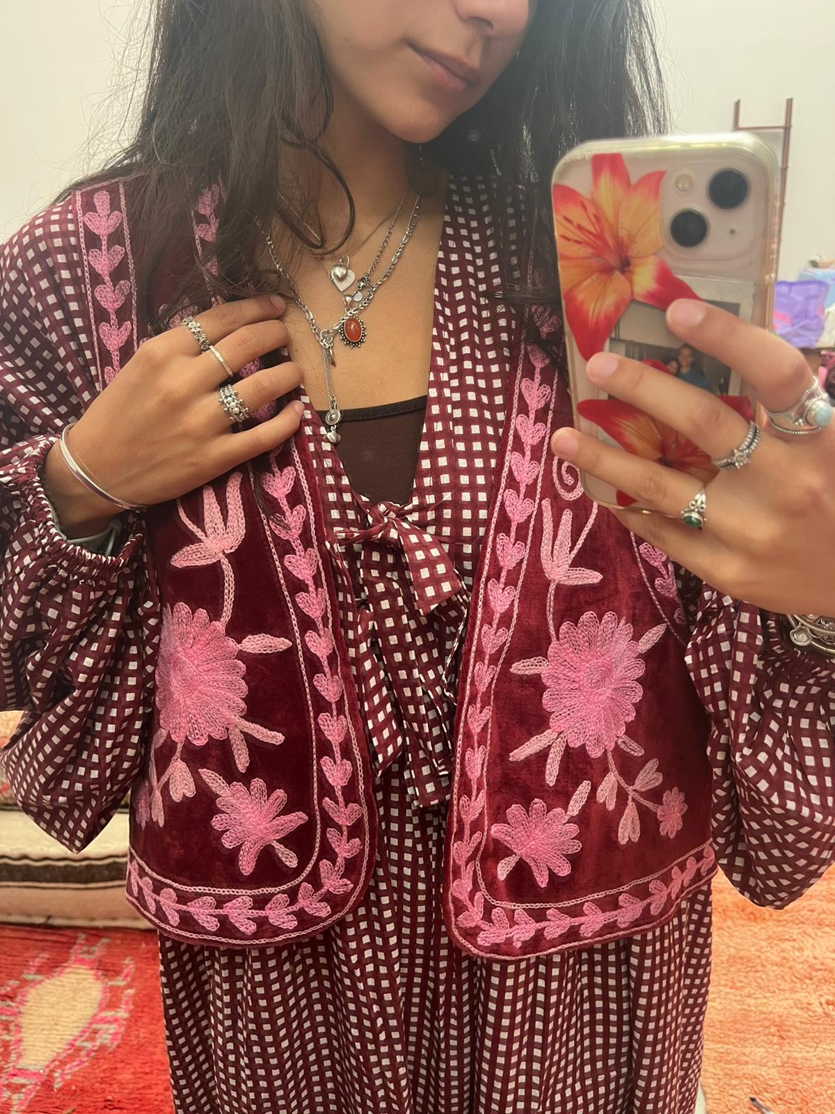 Suzani velvet  Gilet red pink